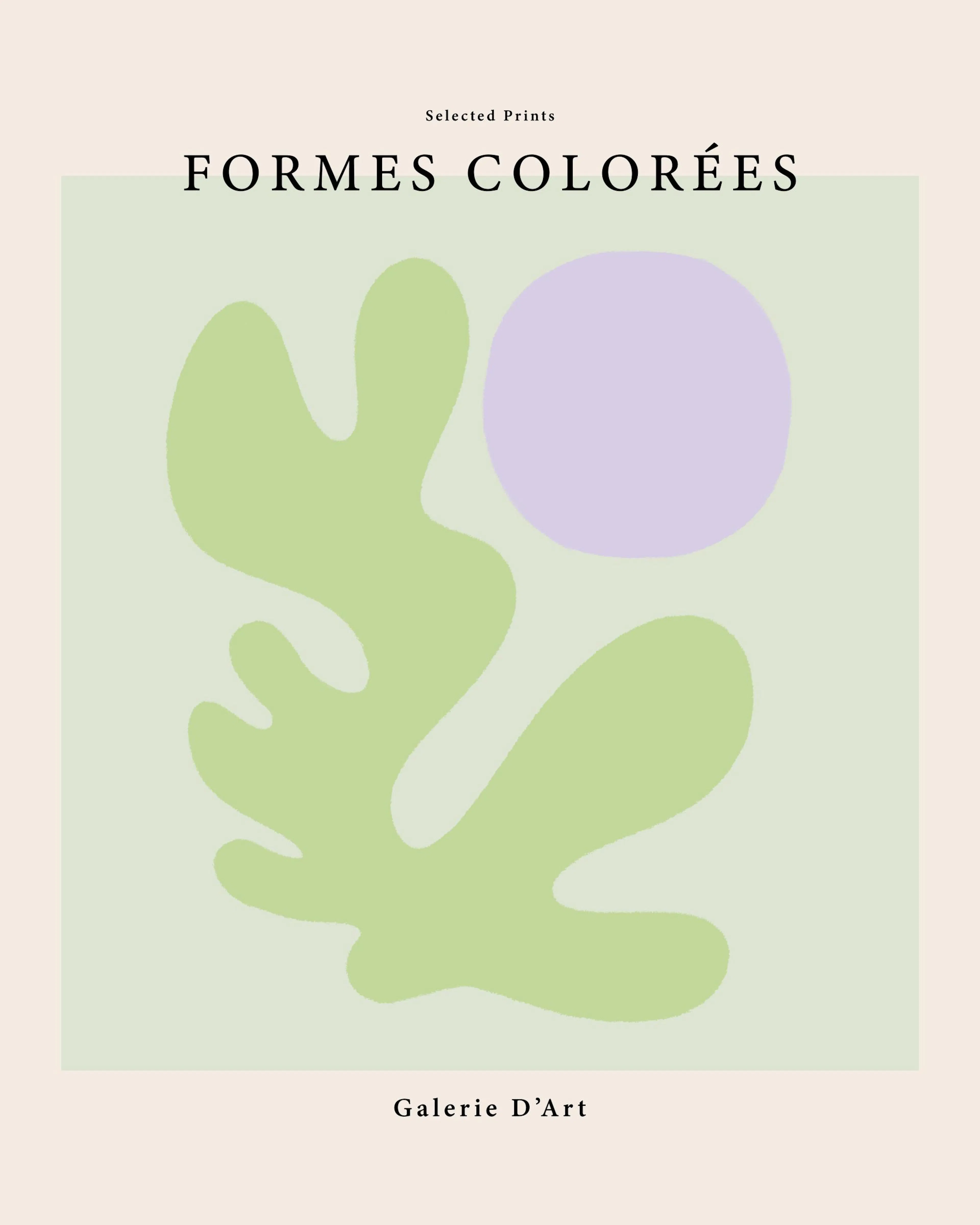Grøn organisk form og lilla cirkel på lysegrøn baggrund, Formes Colorées plakat.