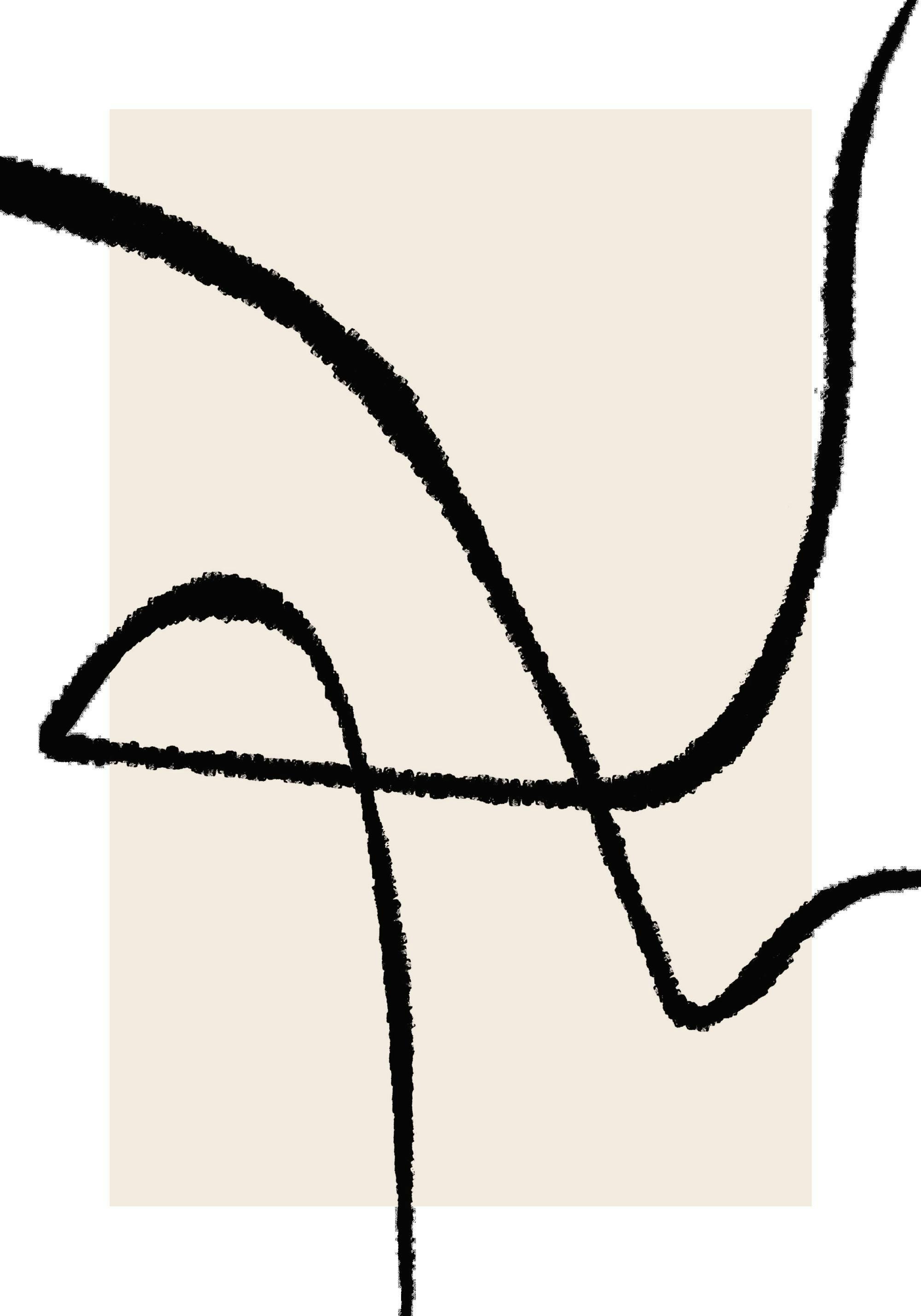 Abstrakt poster med svarta penseldrag som bildar ett mönster på en ljusbeige rektangel mot vit bakgrund, grafisk konst.