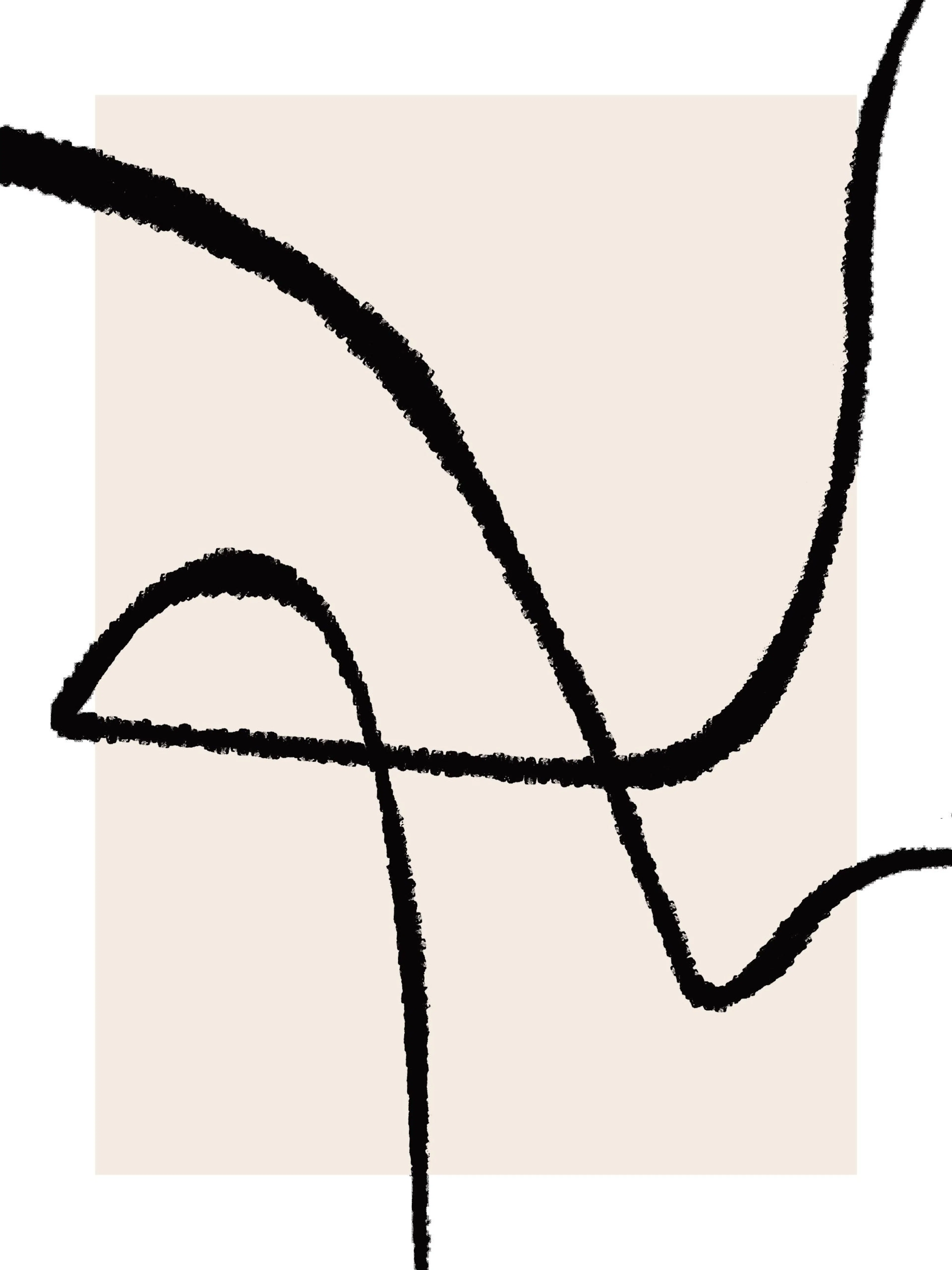 Affiche abstraite avec des lignes noires épaisses sur un carré beige clair, fond blanc, style moderne.