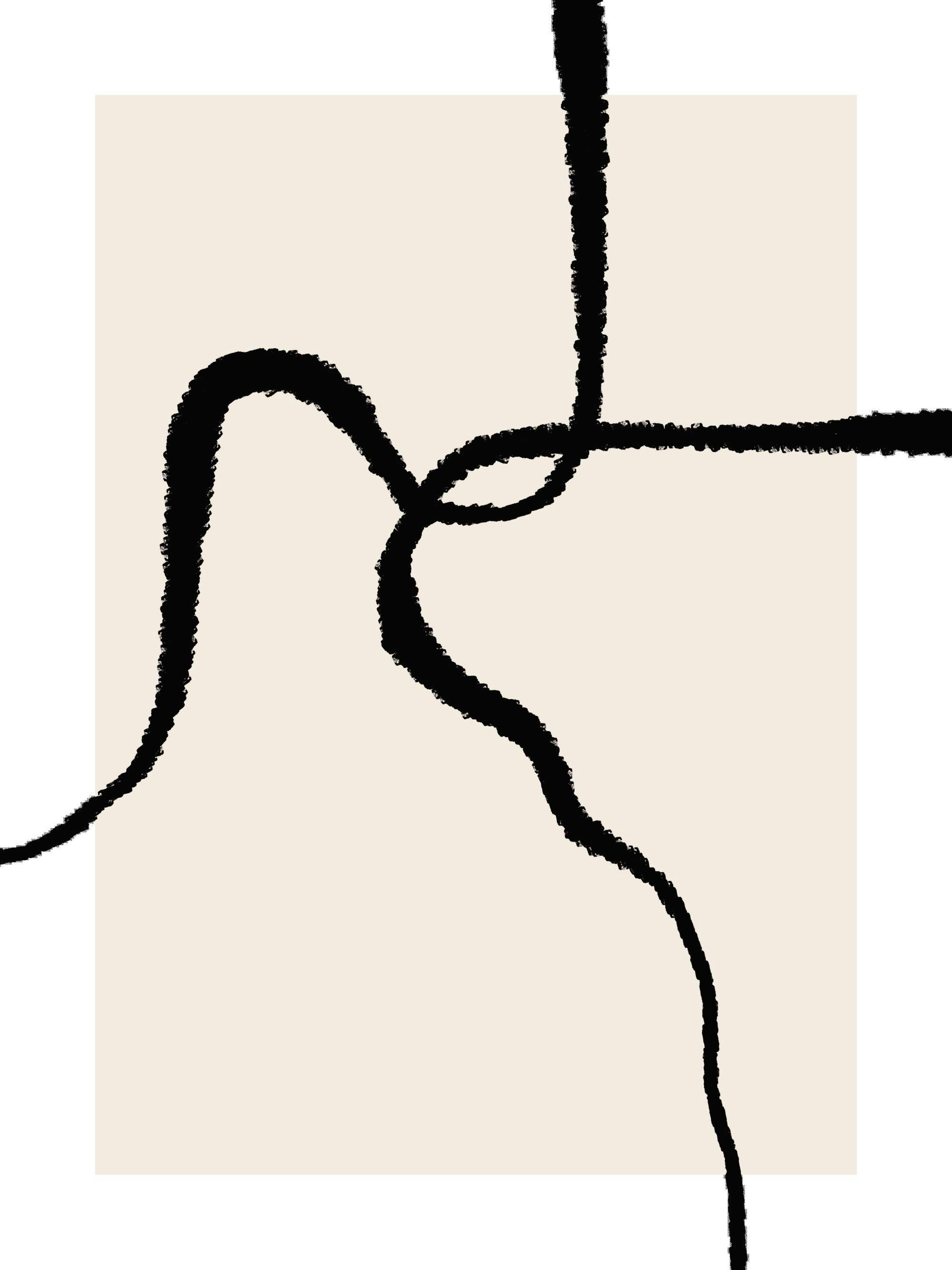 Grafisk affisch med två svarta, borstade linjer som korsar varandra på en ljusbeige kvadrat med vit bakgrund.