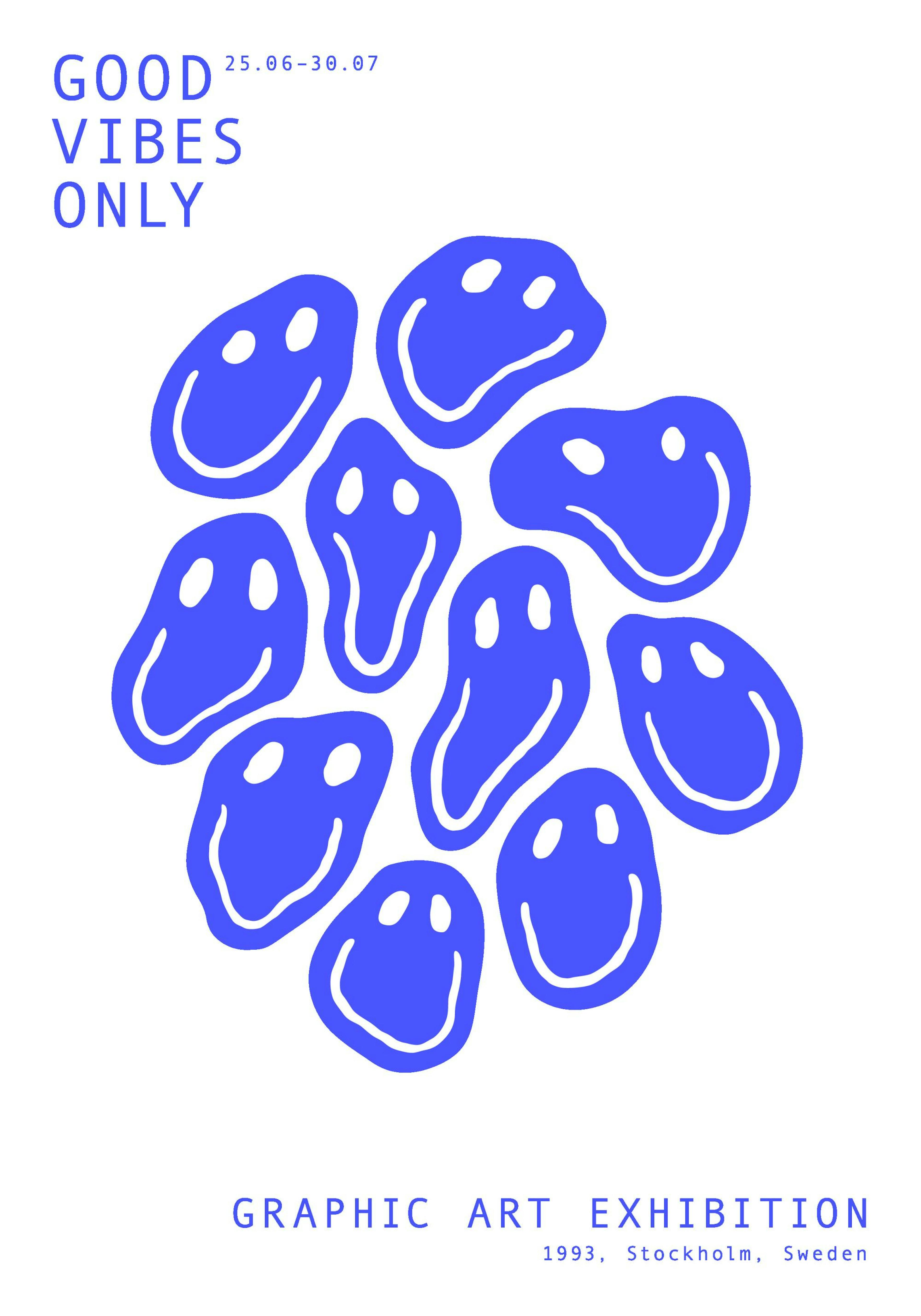 Good Vibes Smiley Print poster with abstract blue smiley faces on white background.