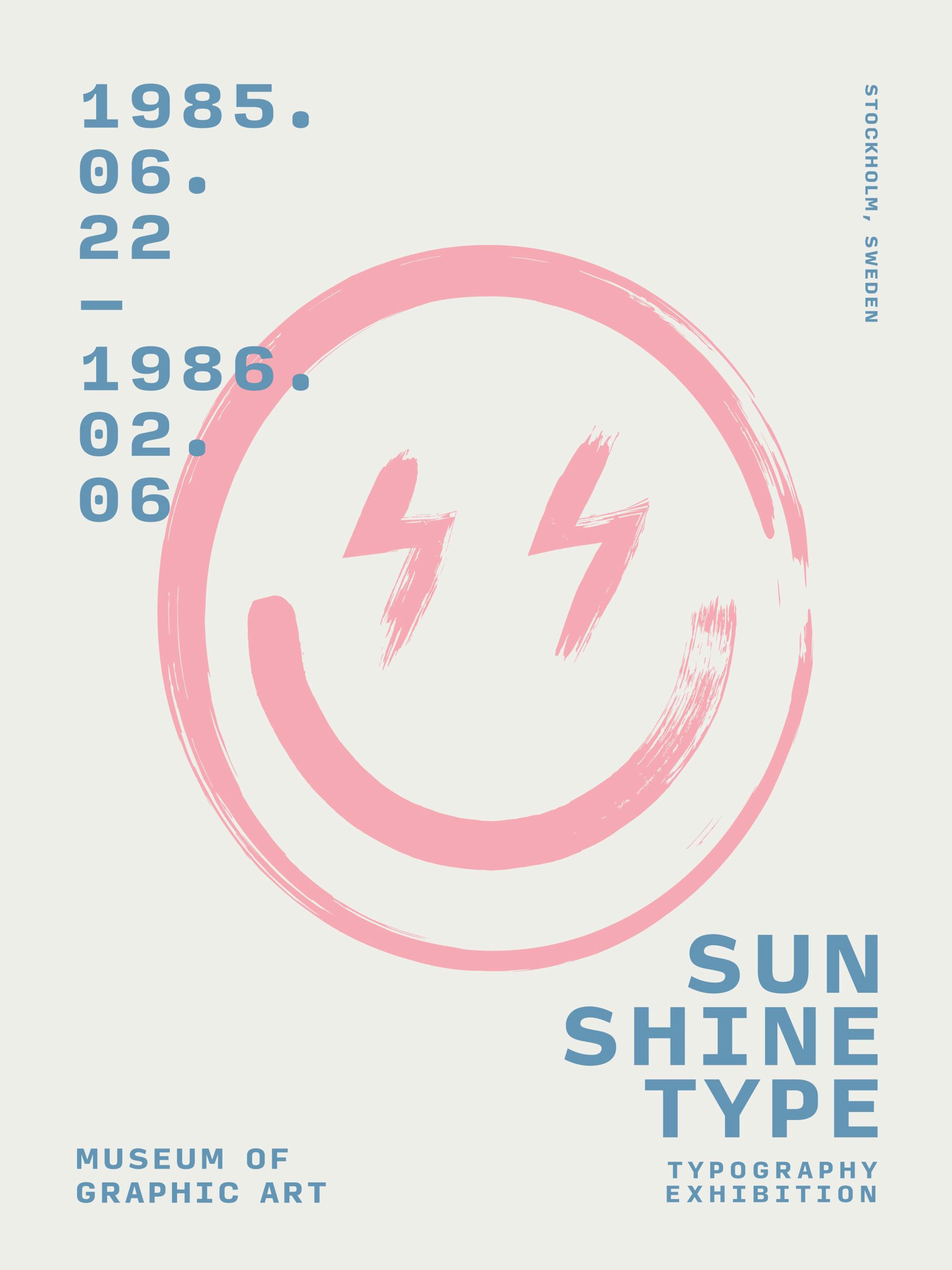 Affiche dun smiley rose avec des éclairs pour les yeux et du texte bleu sur fond beige clair, typographie moderne