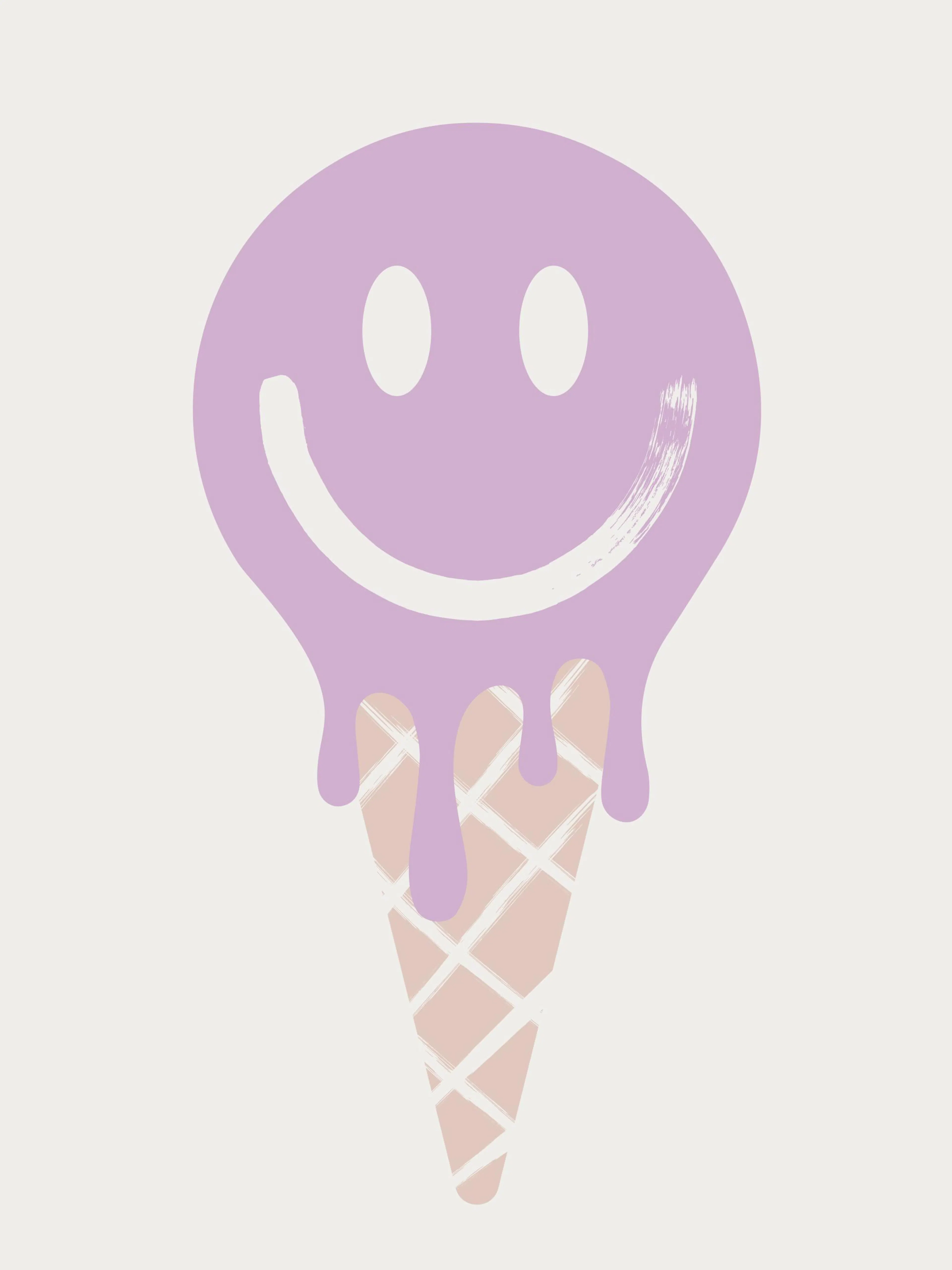 Purple melting smiley face ice cream cone illustration on a white background, fun pastel art print.