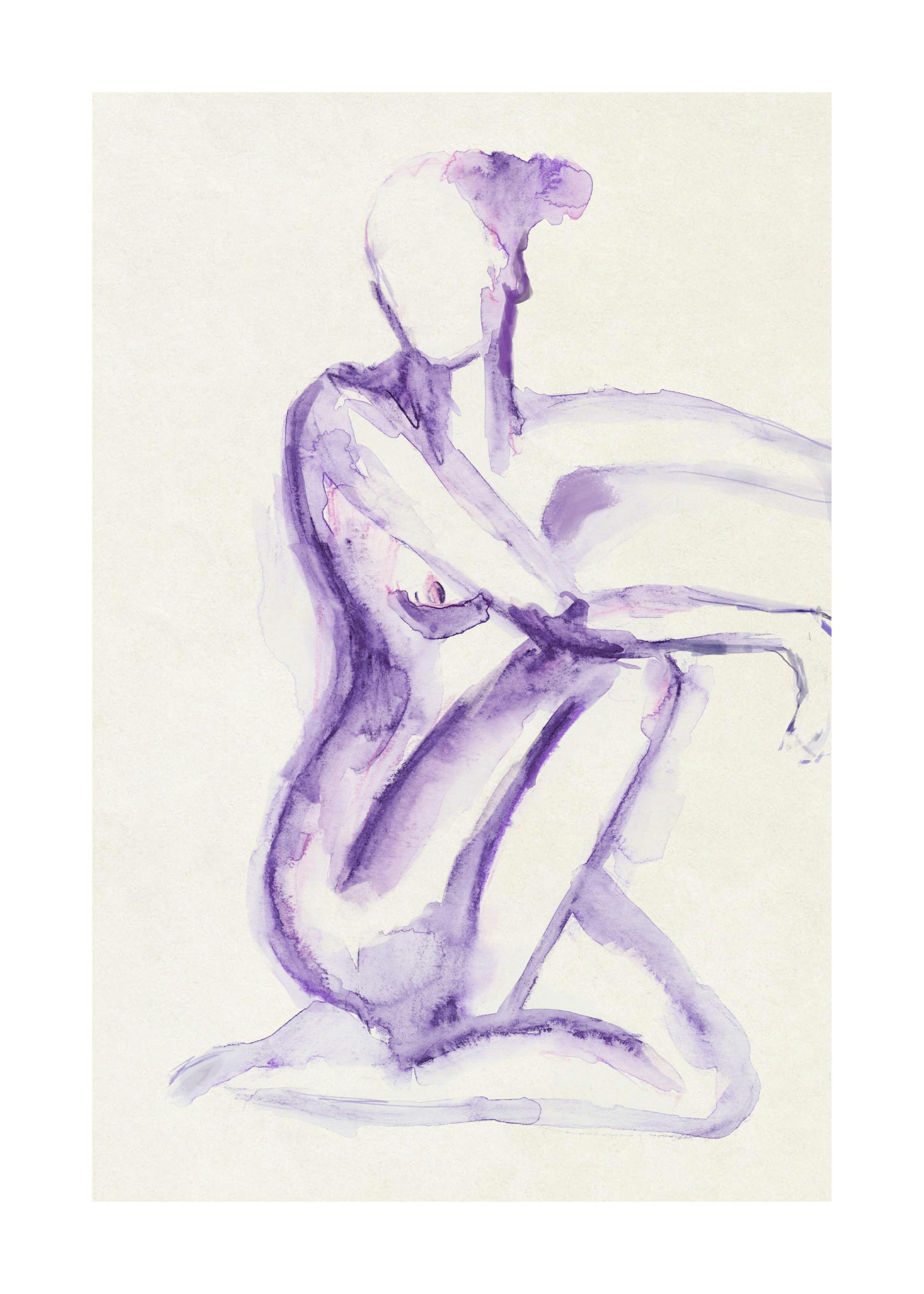 Purple body print, woman sitting on one knee, watercolor style, beige background poster
