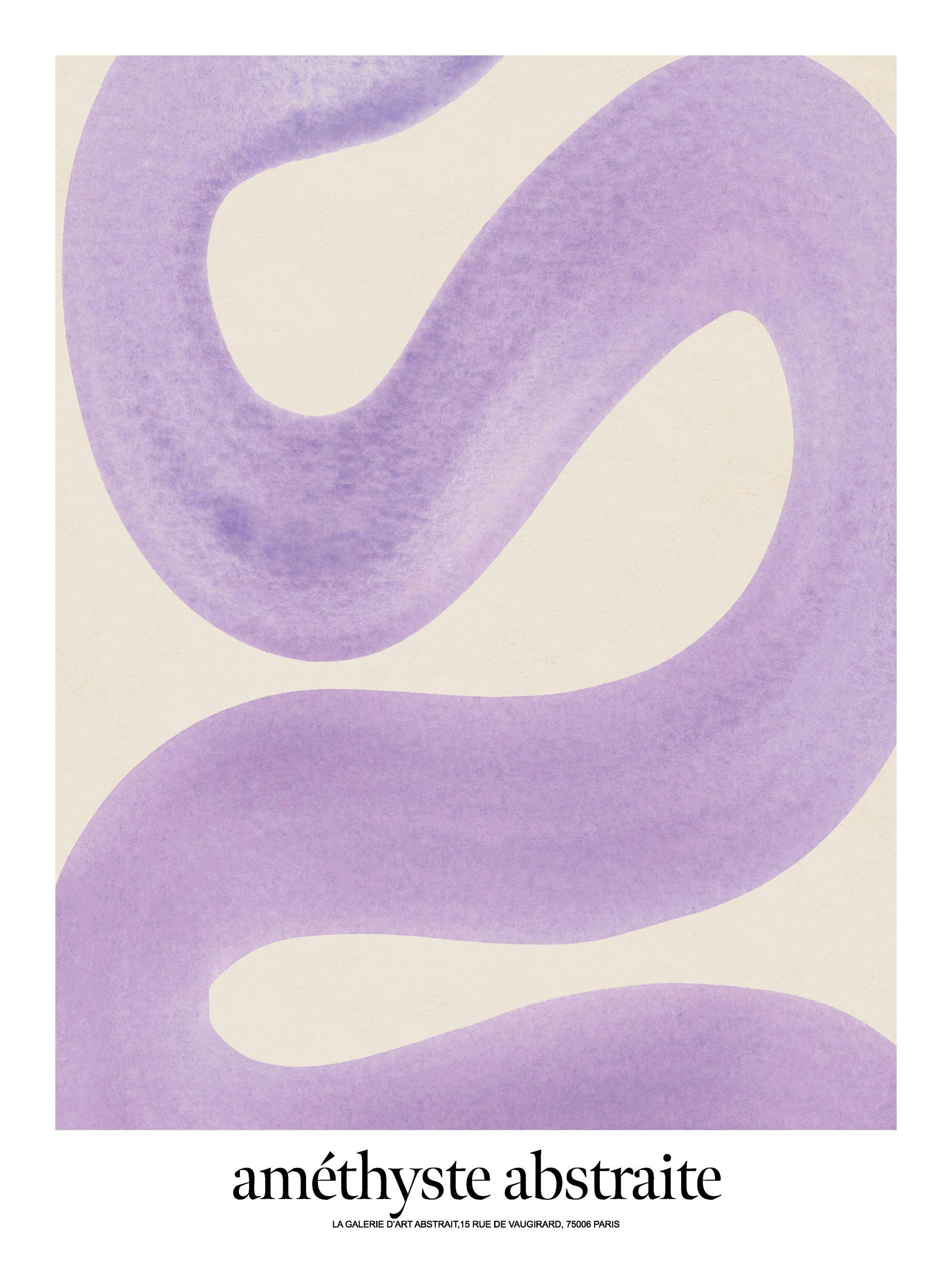 Abstrakt illustration med virvlande lila band mot en beige bakgrund, en modern affisch som förgyller hemmet.