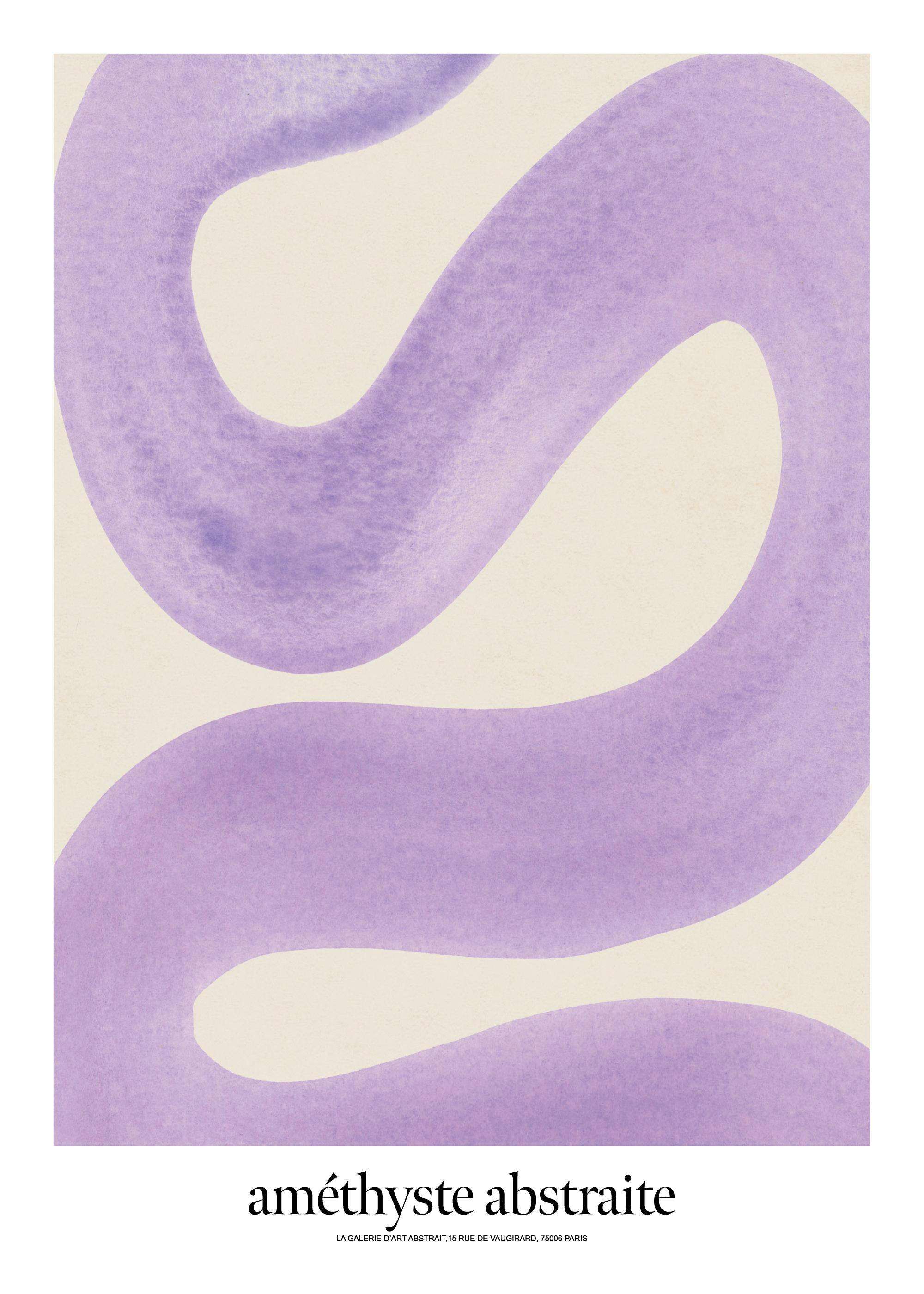 Affiche abstraite améthyste avec trait violet tourbillonnant sur fond beige, texte typographie noir