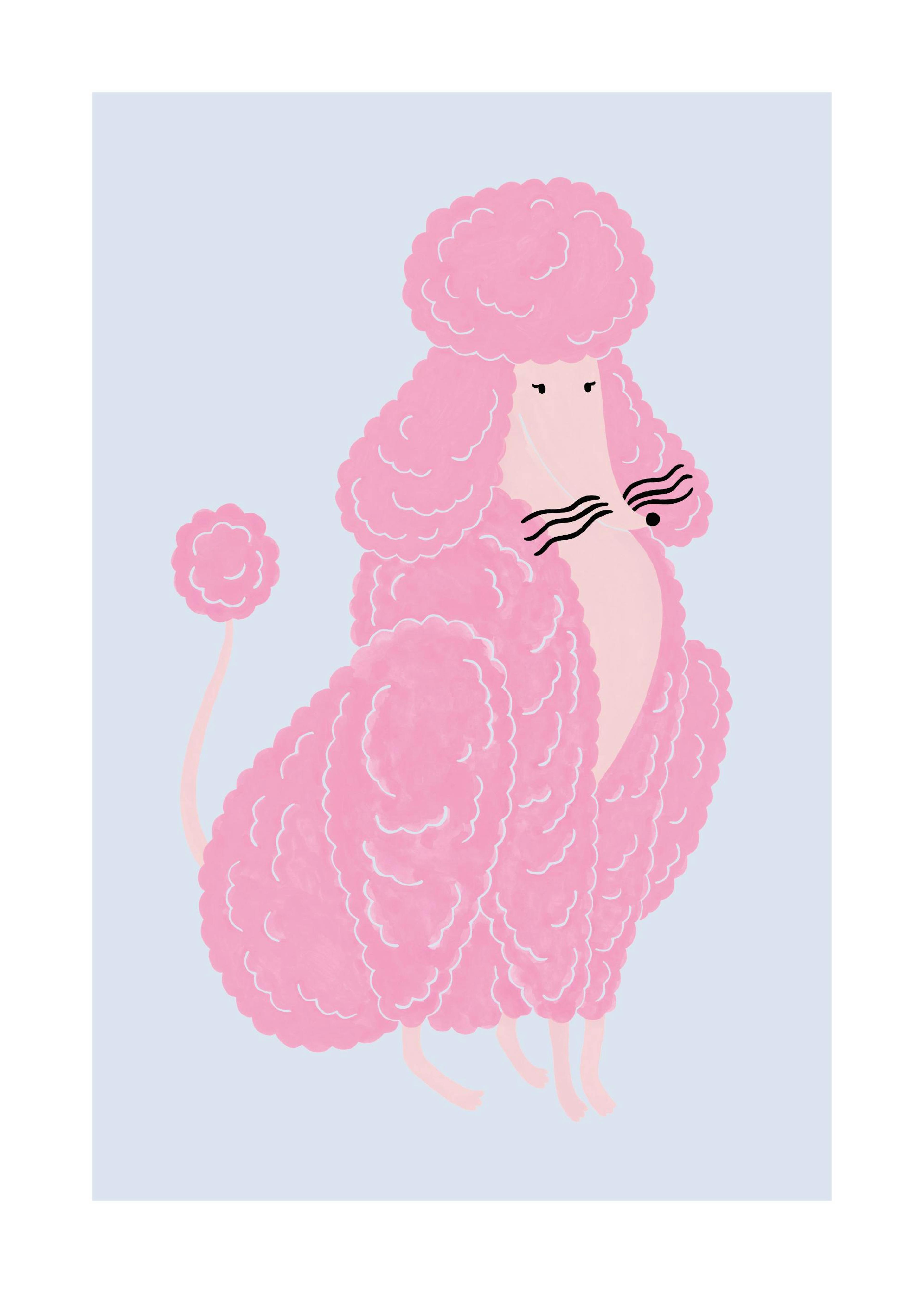 Pink poodle illustration print on pastel blue background, poster art.