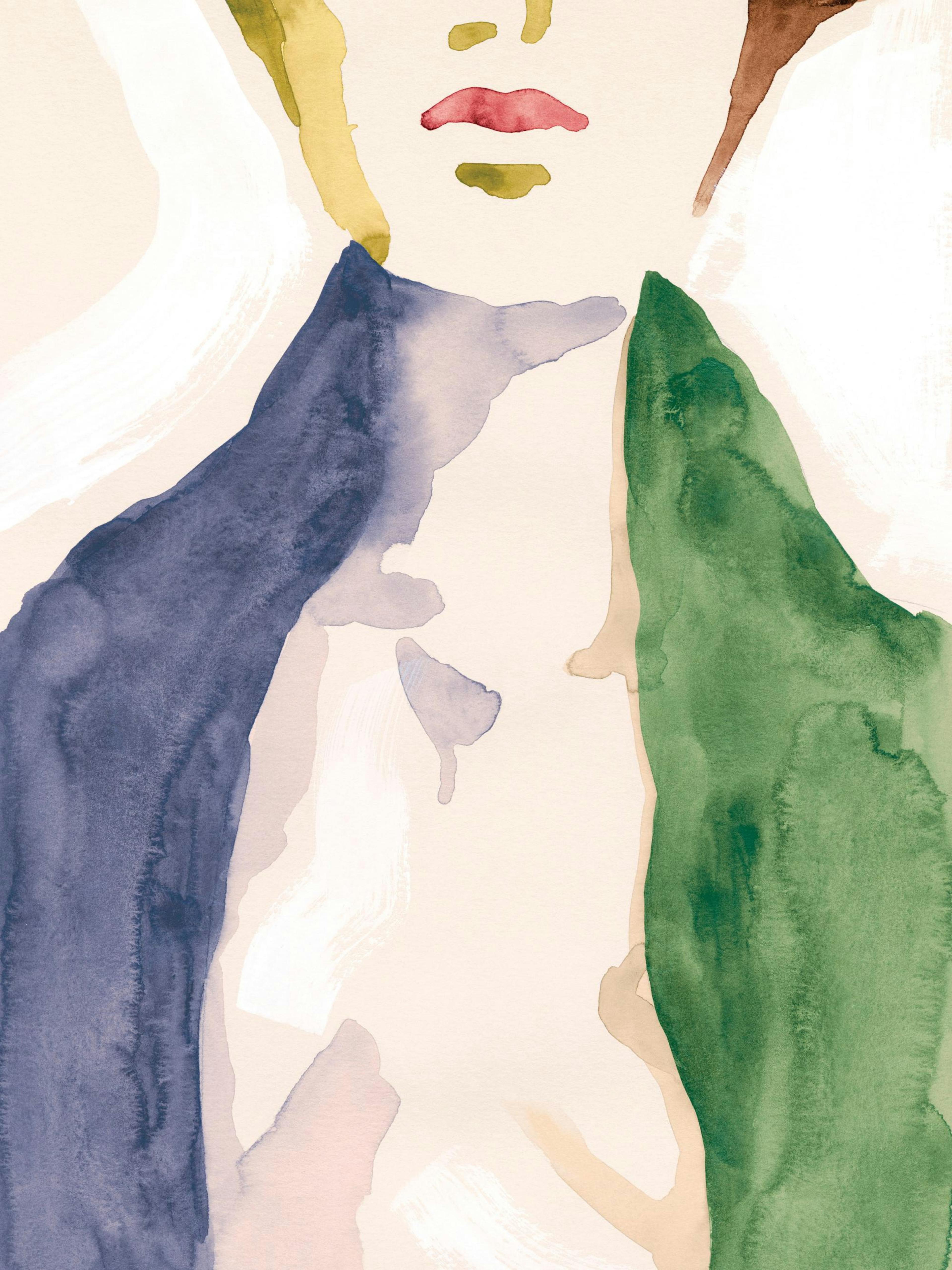 Póster de mujer en acuarela con ropa azul y verde sobre fondo blanco y beige, arte decorativo moderno.
