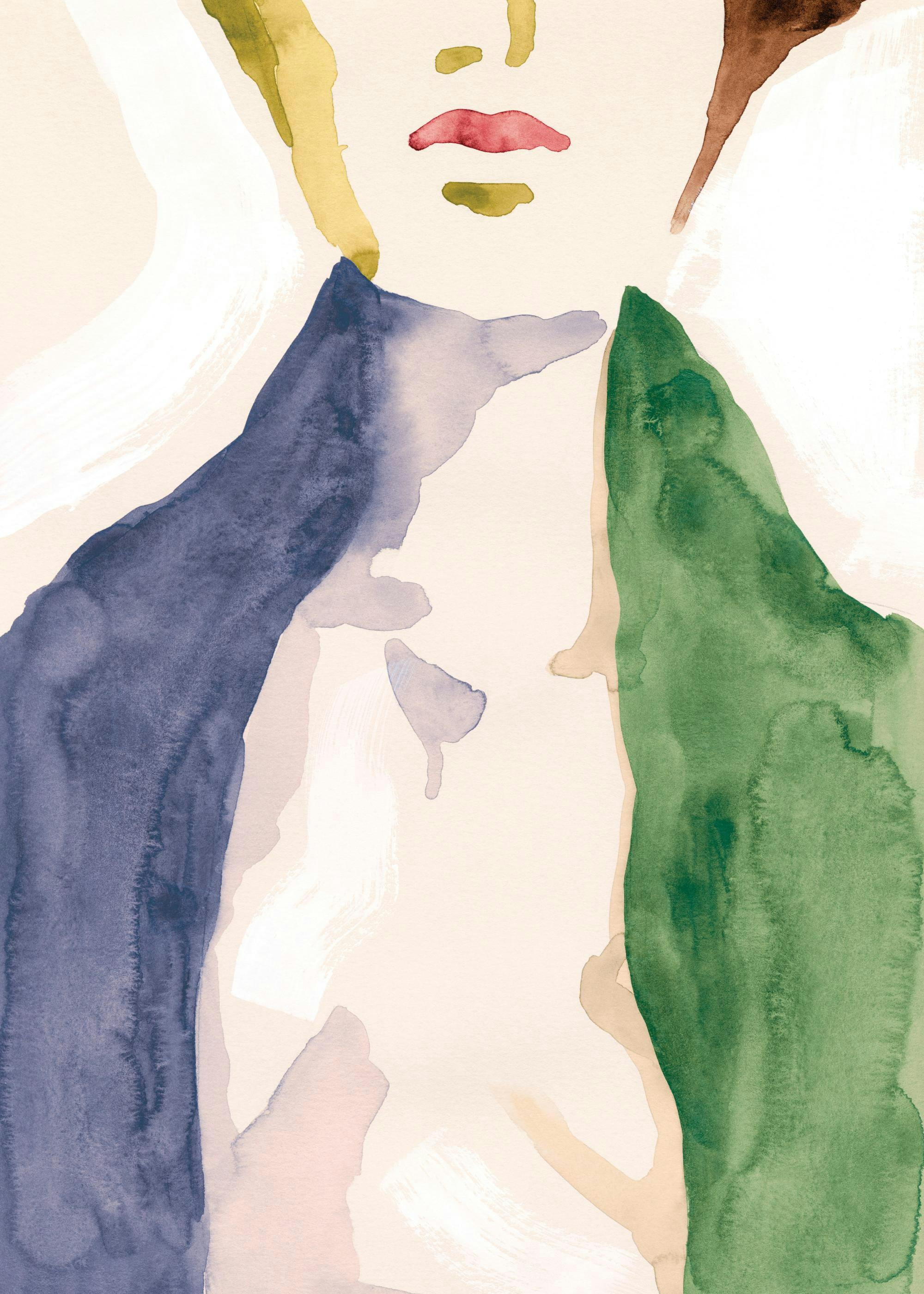 Watercolor painting of a woman in blue and green clothing on a white and beige background, a beautiful art print.