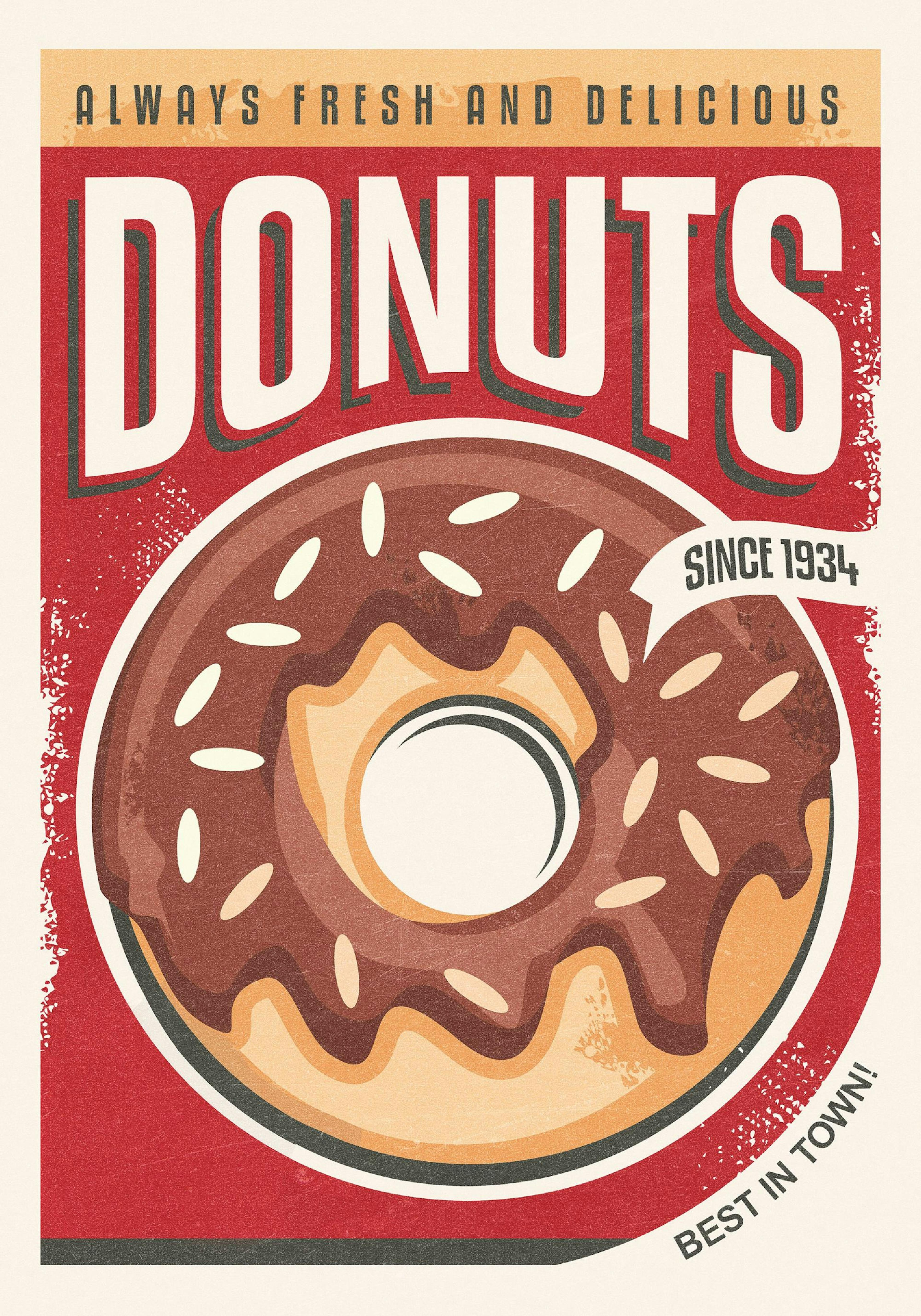 Póster retro de rosquilla glaseada de chocolate con chispas sobre fondo rojo, diseño vintage con textura granulada.
