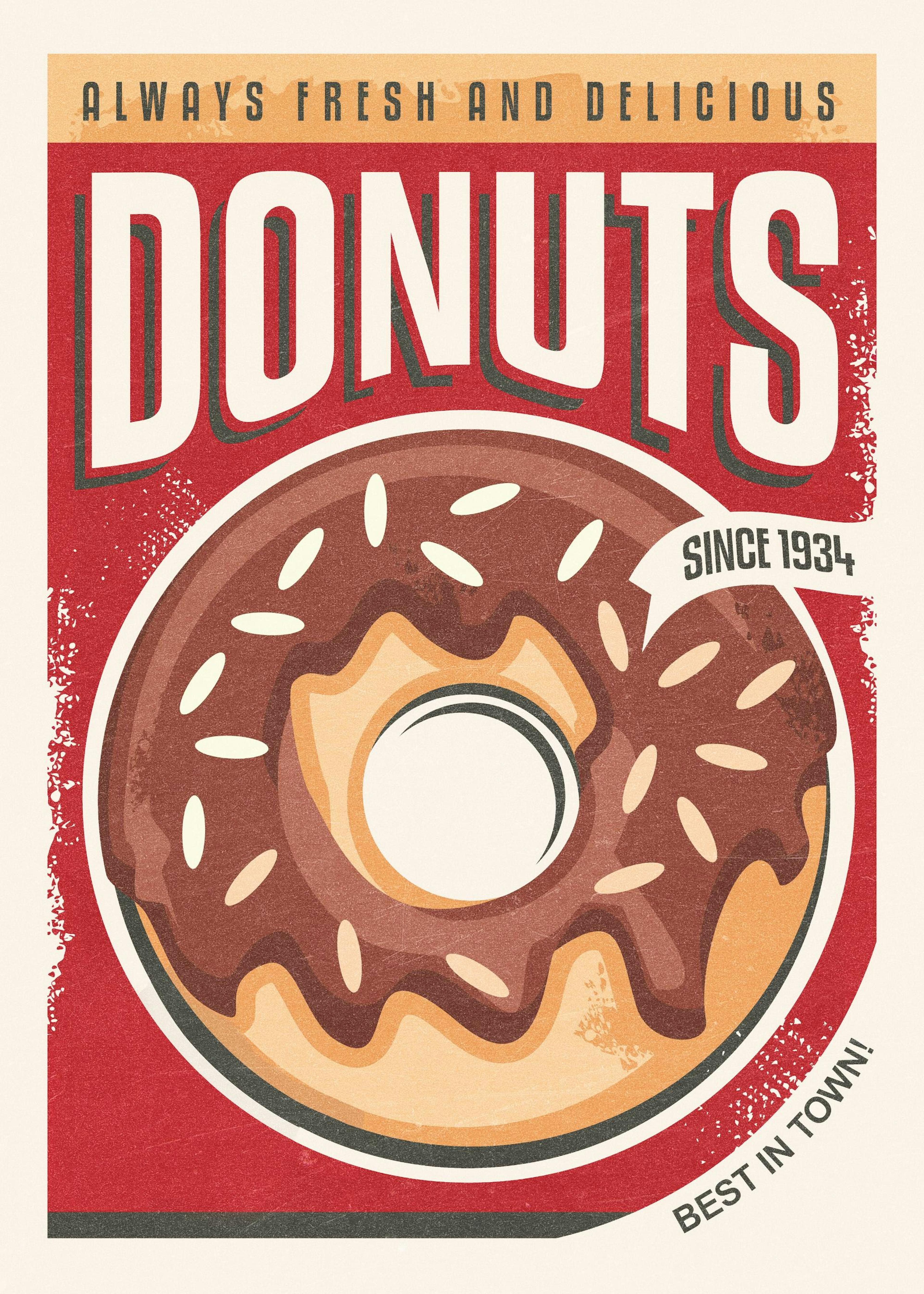 Retro Donut print with chocolate glazed donut on red background, vintage style poster