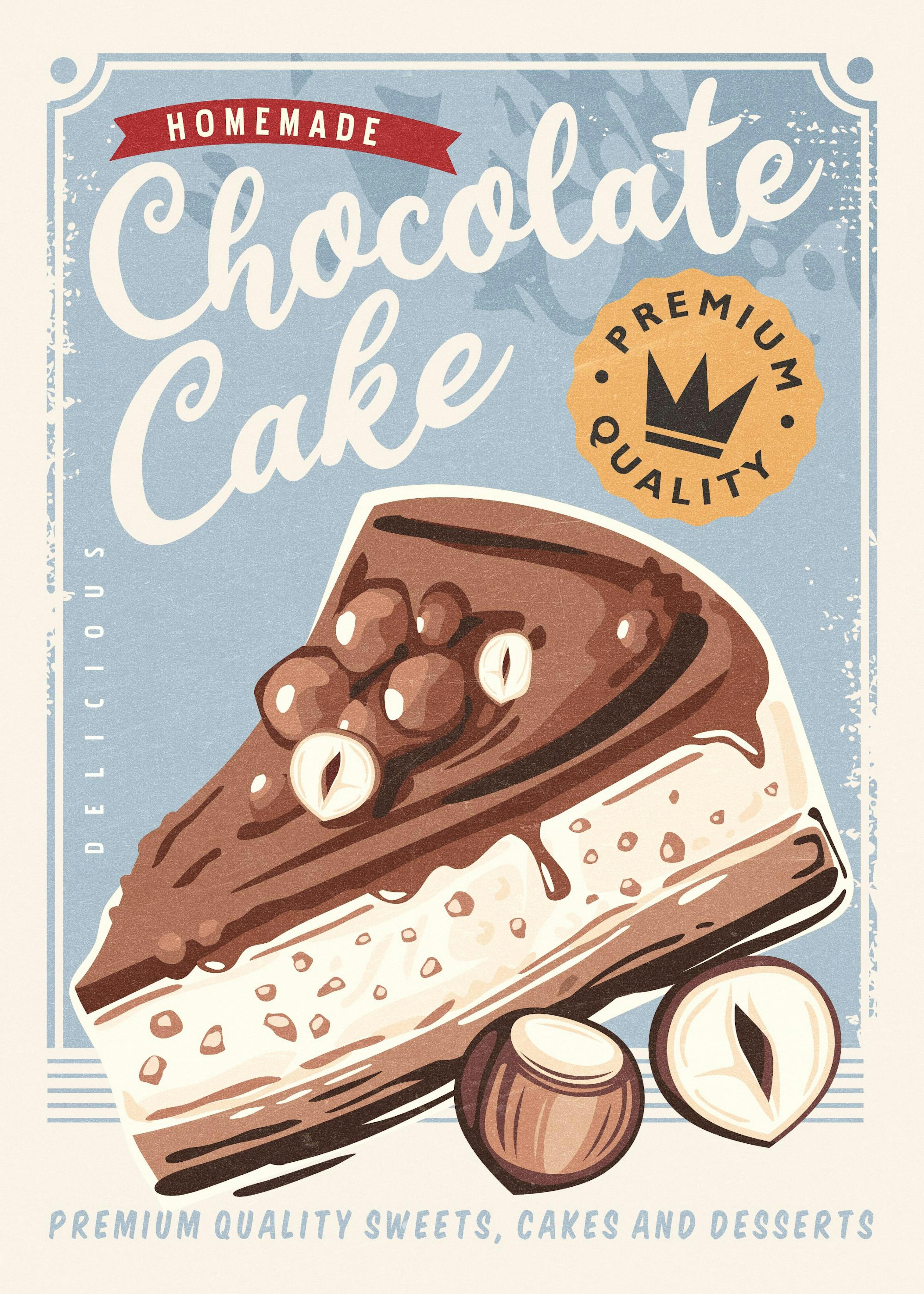 Póster retro de tarta de chocolate casera con avellanas, diseño vintage azul y marrón, ideal para decoración de cocina.