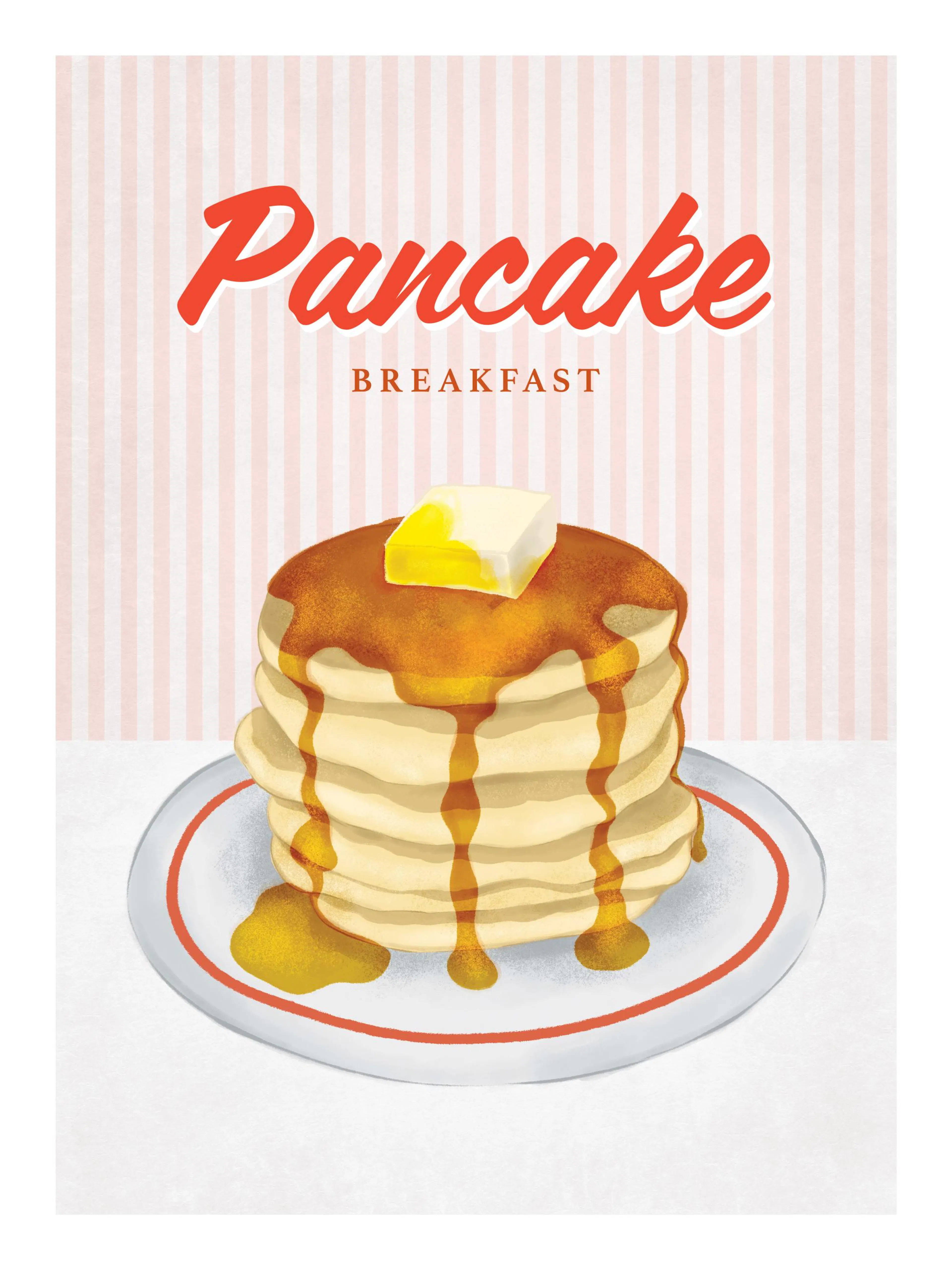 Historická ilustrácia palaciniek so sirupom a maslom, nápis Pancake Breakfast, kuchynský plagát.
