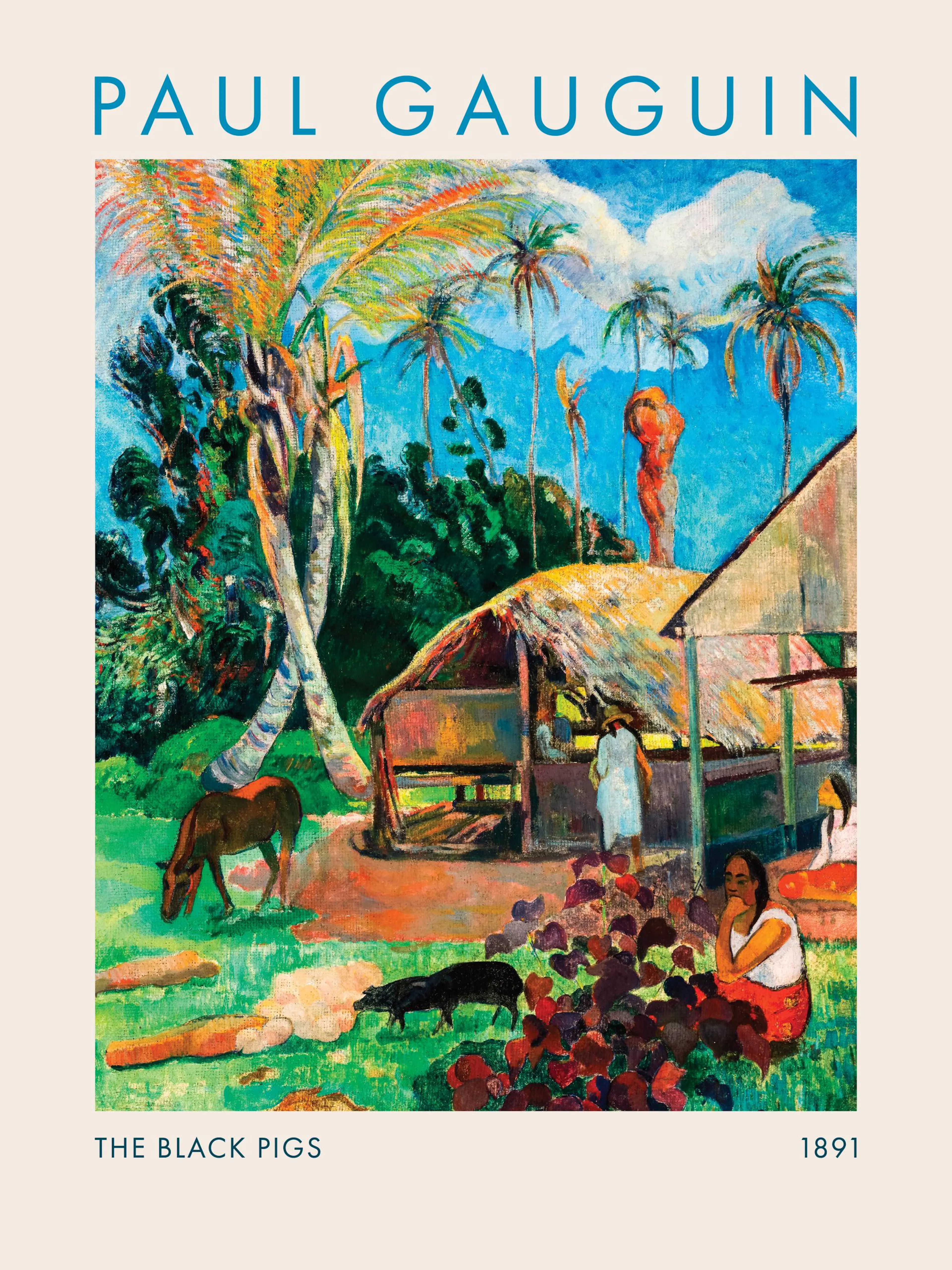 Paul Gauguins The Black Pigs print, a vibrant oil painting of a Polynesian village scene with people, animals, and huts.