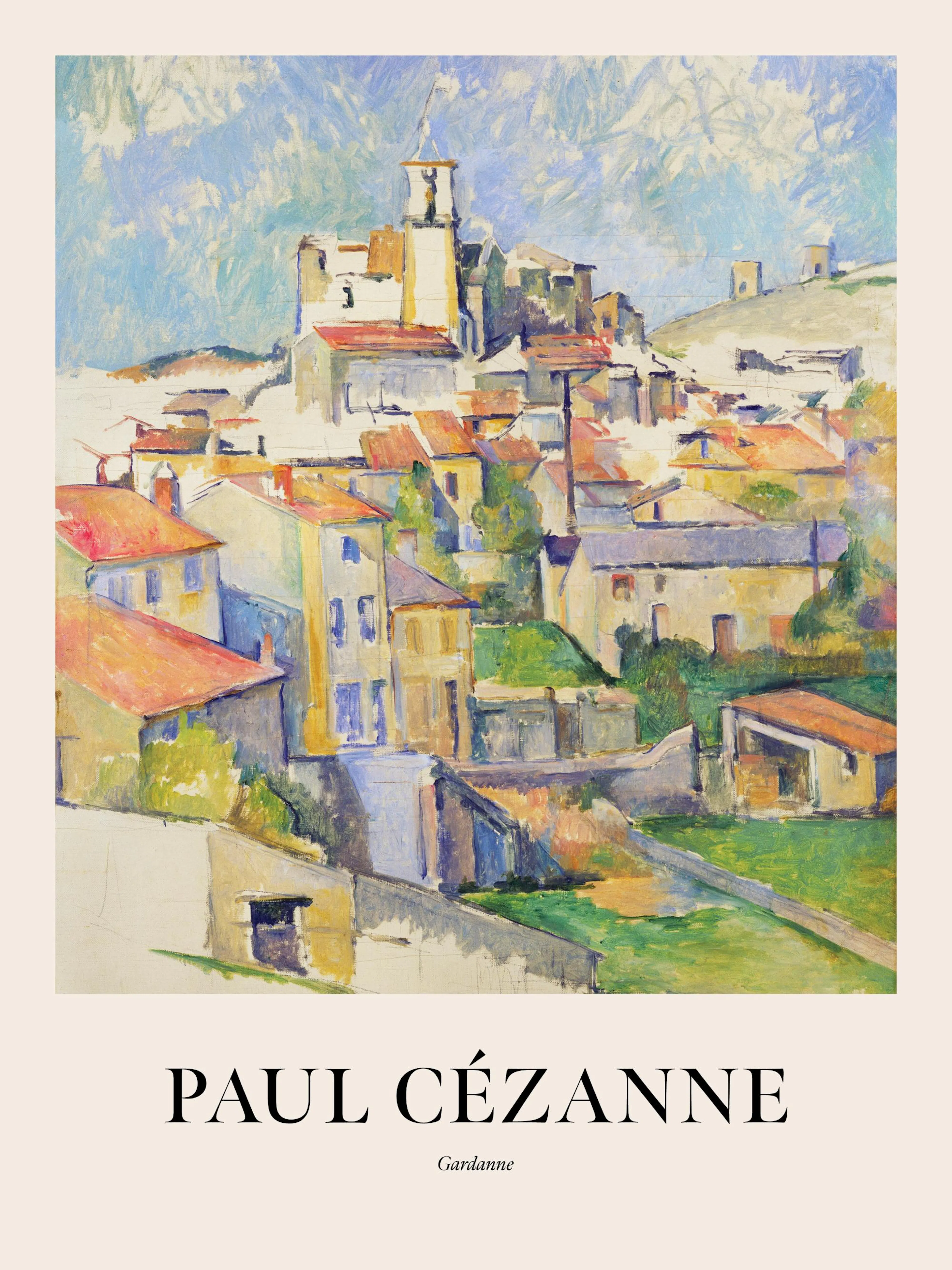 Paul Cézannes Gardanne poster print, a painted illustration of a town on a hill with tall houses and a clear sky.