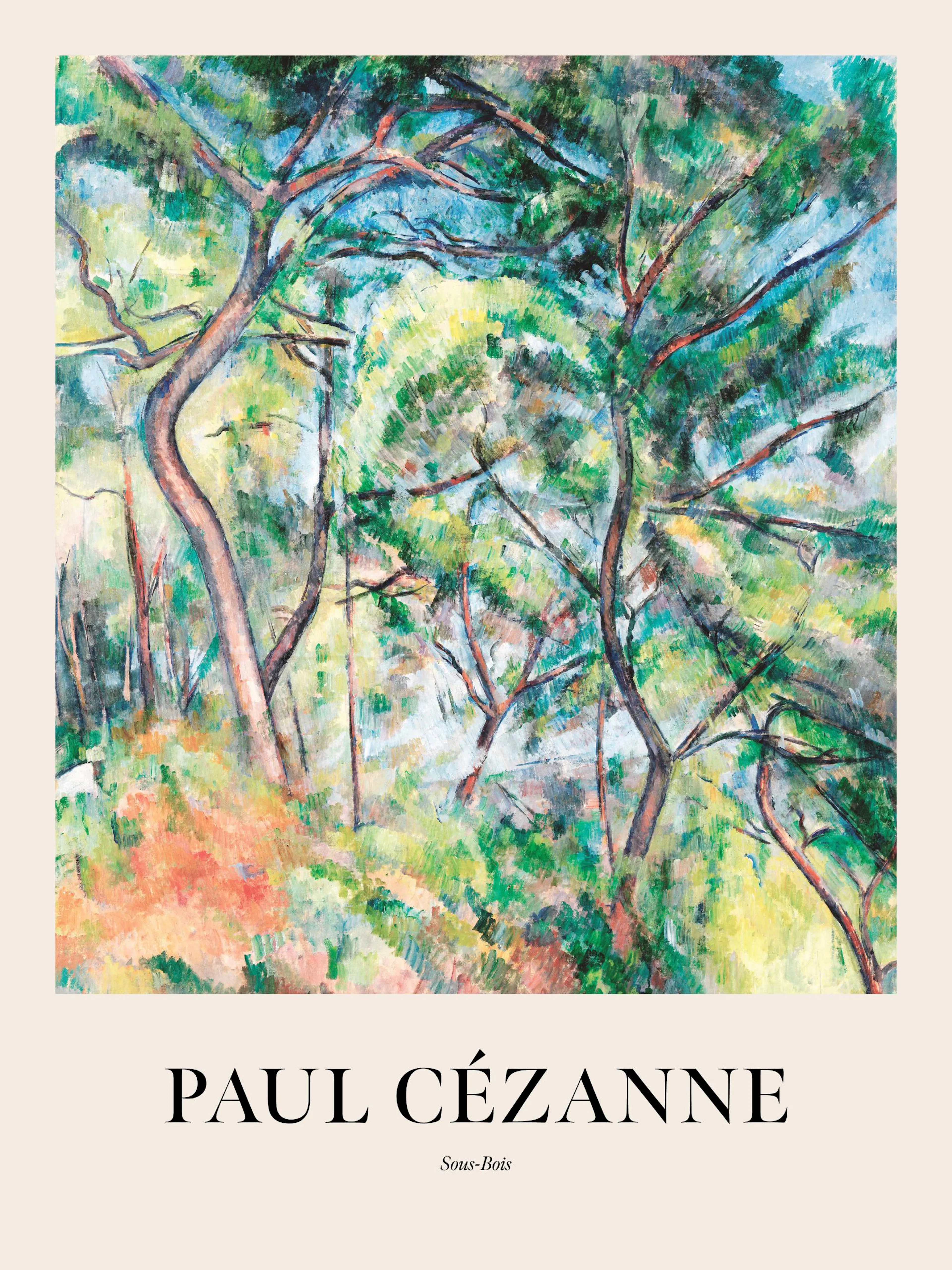 Affiche Paul Cézanne, peinture Sous-Bois avec des arbres aux troncs bruns et feuillage vert.