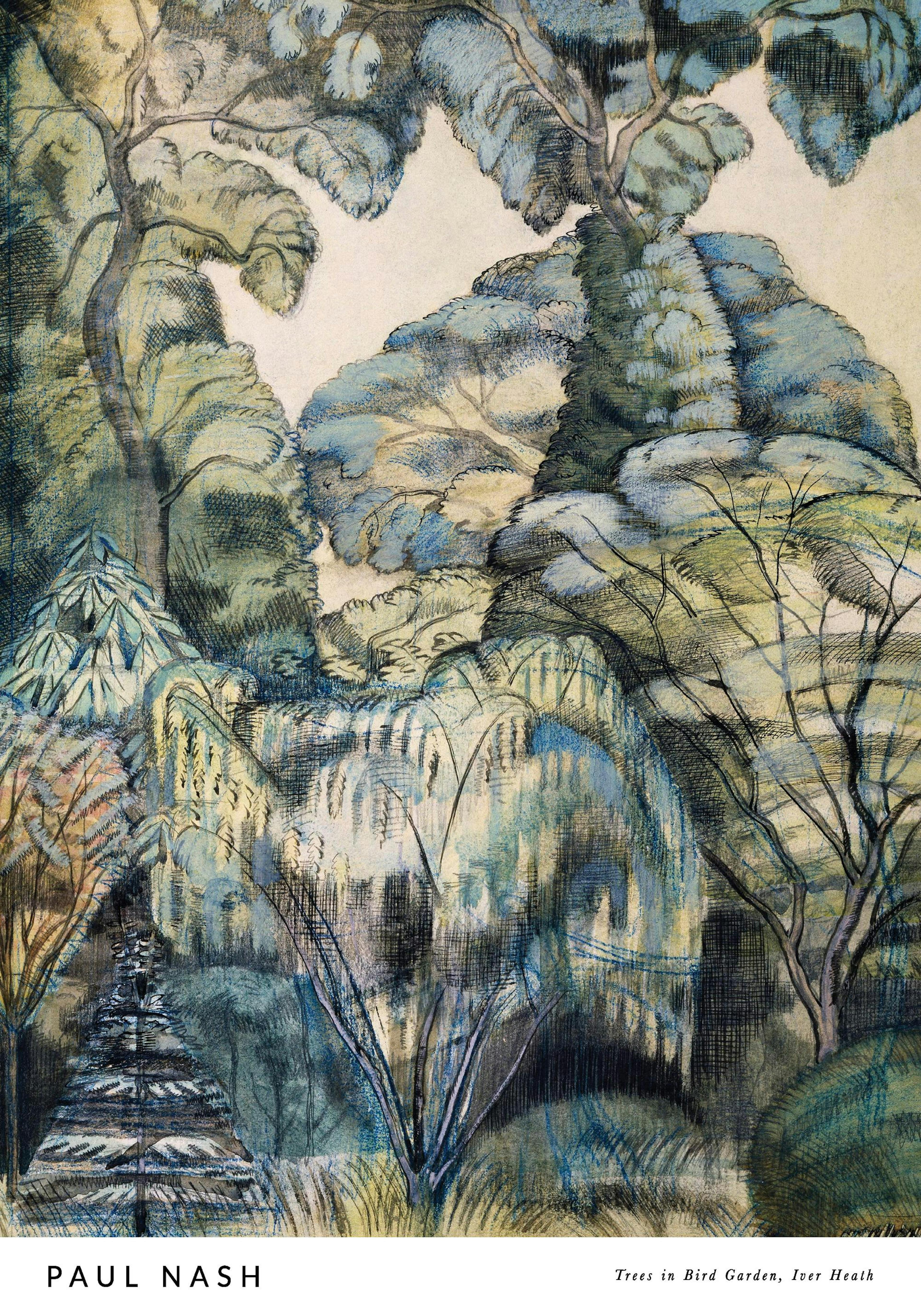 Paul Nash print, Trees in Bird Garden, Iver Heath, features abstract trees in blue and green hues on a light background.