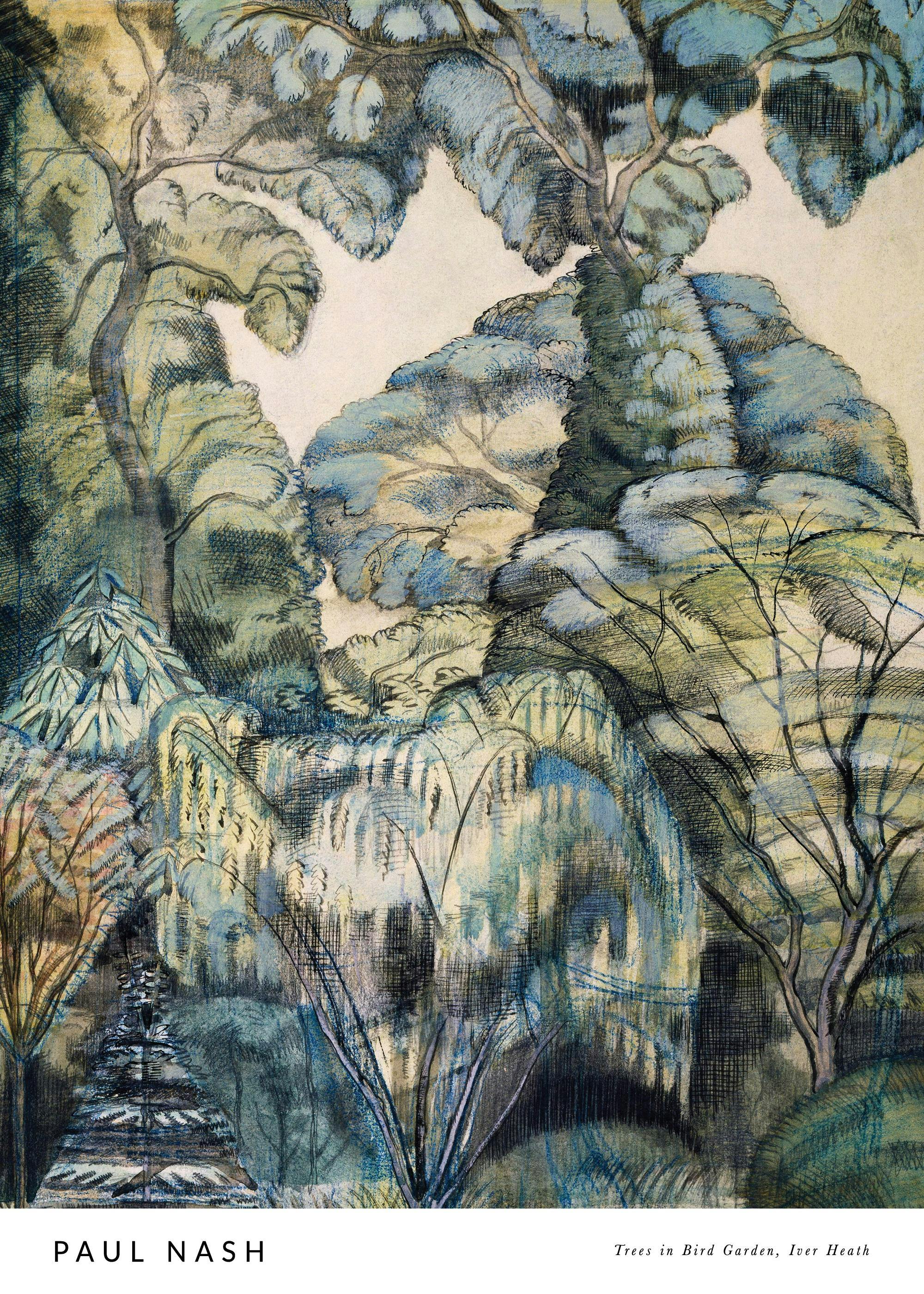 Paul Nash kunstplakat av trær i blått og grønt, med en håndtegnet, abstrakt stil som fanger naturens dynamikk.