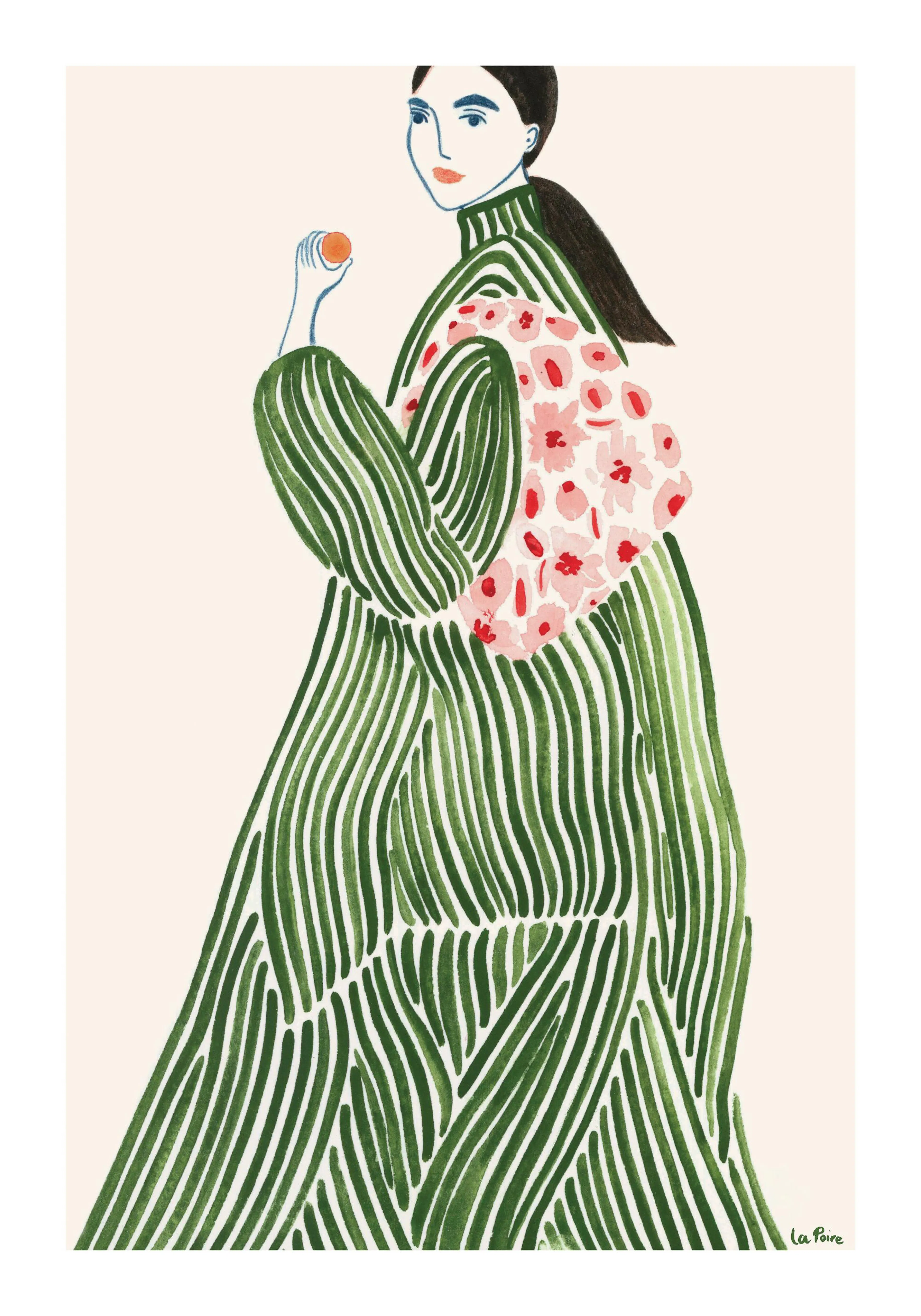 Illustratie van vrouw in groene gestreepte jurk, met witte tas en roze bloemen, op lichte beige achtergrond.