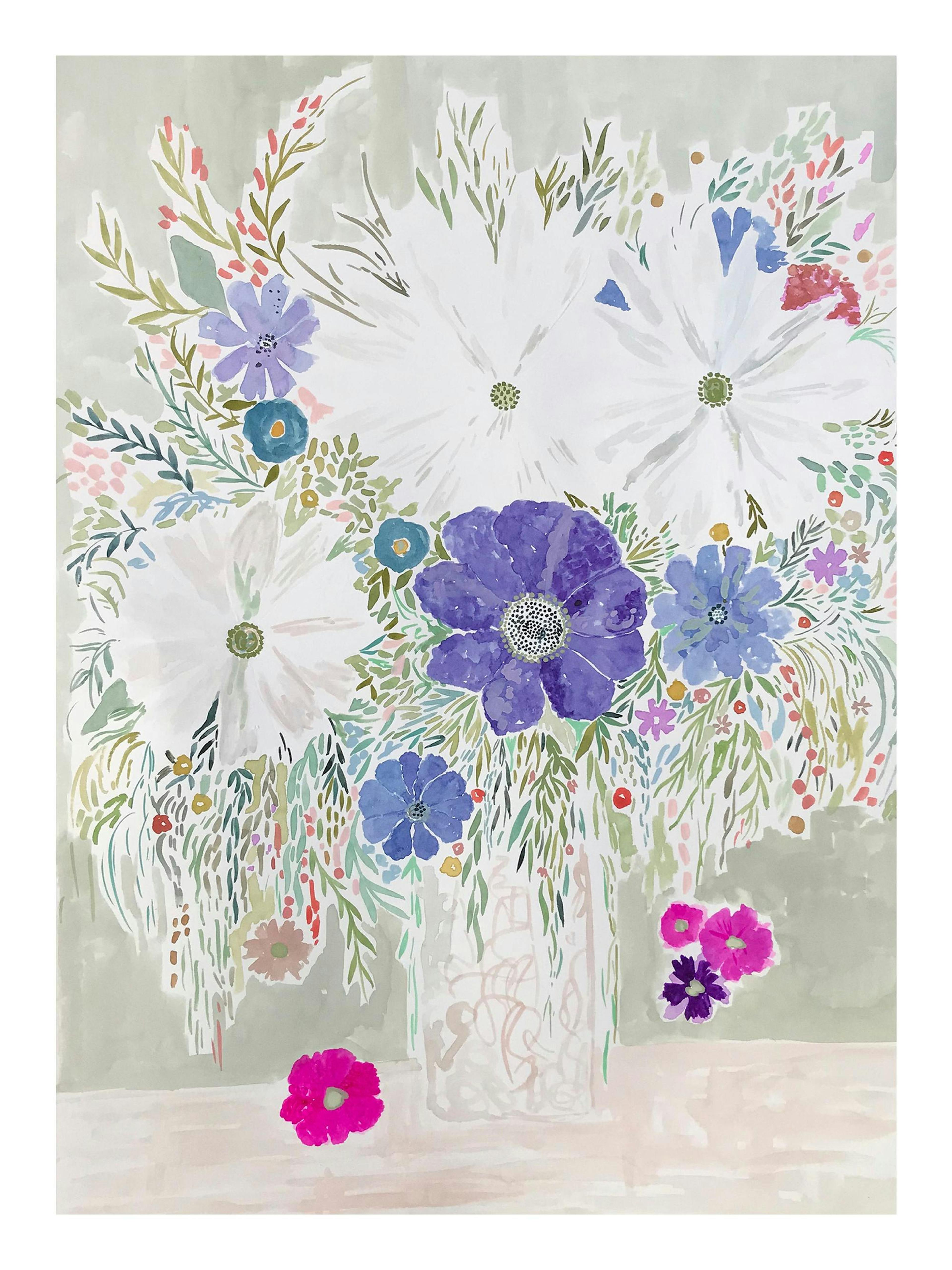 Wild Florals Print poster with watercolor illustration of white, pink, and blue flowers in a vase.