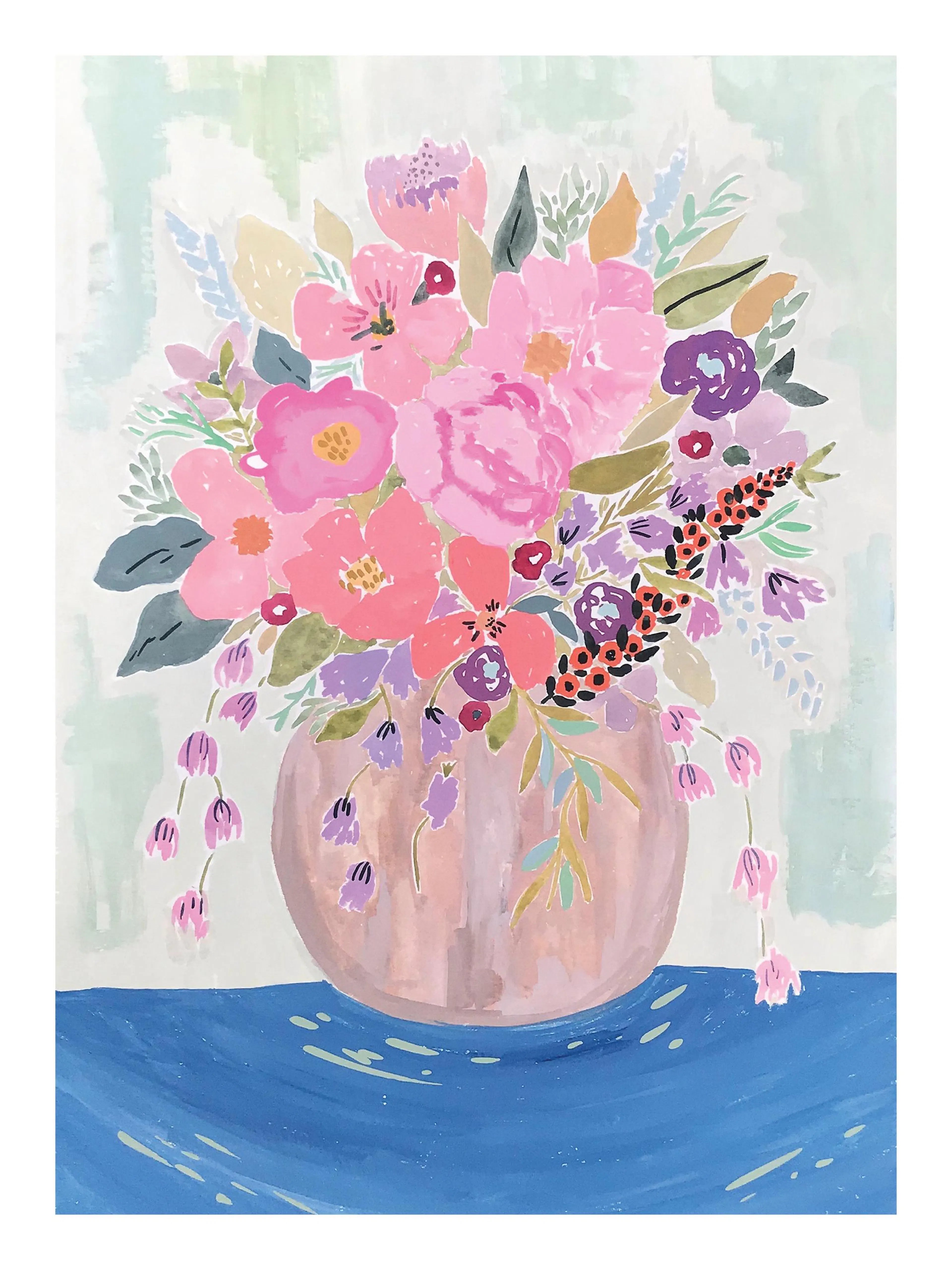 Vibrant floral illustration by Sophie Lizzie. Pink and purple flowers in a round vase on a blue table with a turquoise backgroun