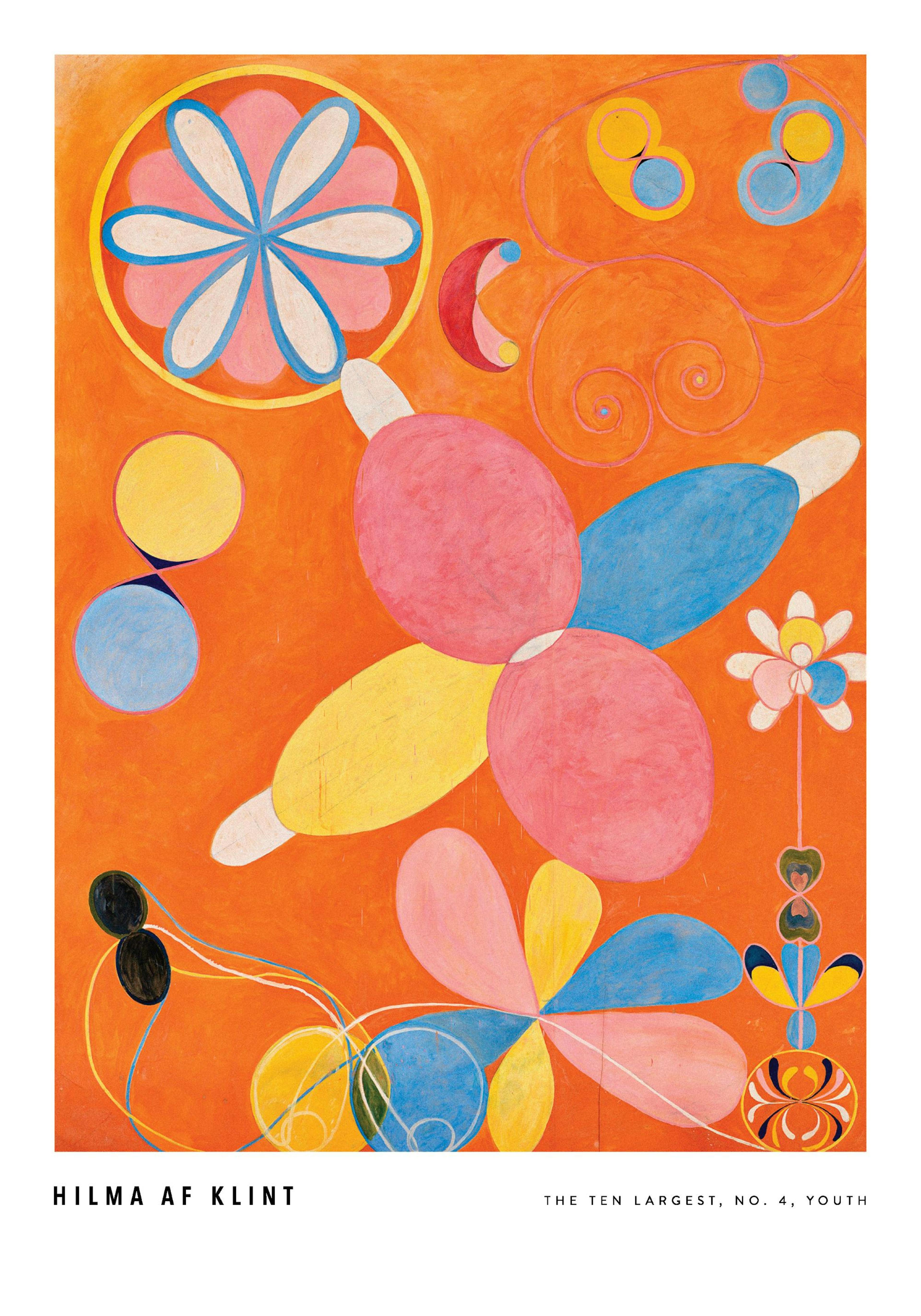 Abstraktes Poster Hilma af Klints The Ten Largest, No. 4, Youth mit bunten Formen auf leuchtend orangefarbenem Hintergrund.