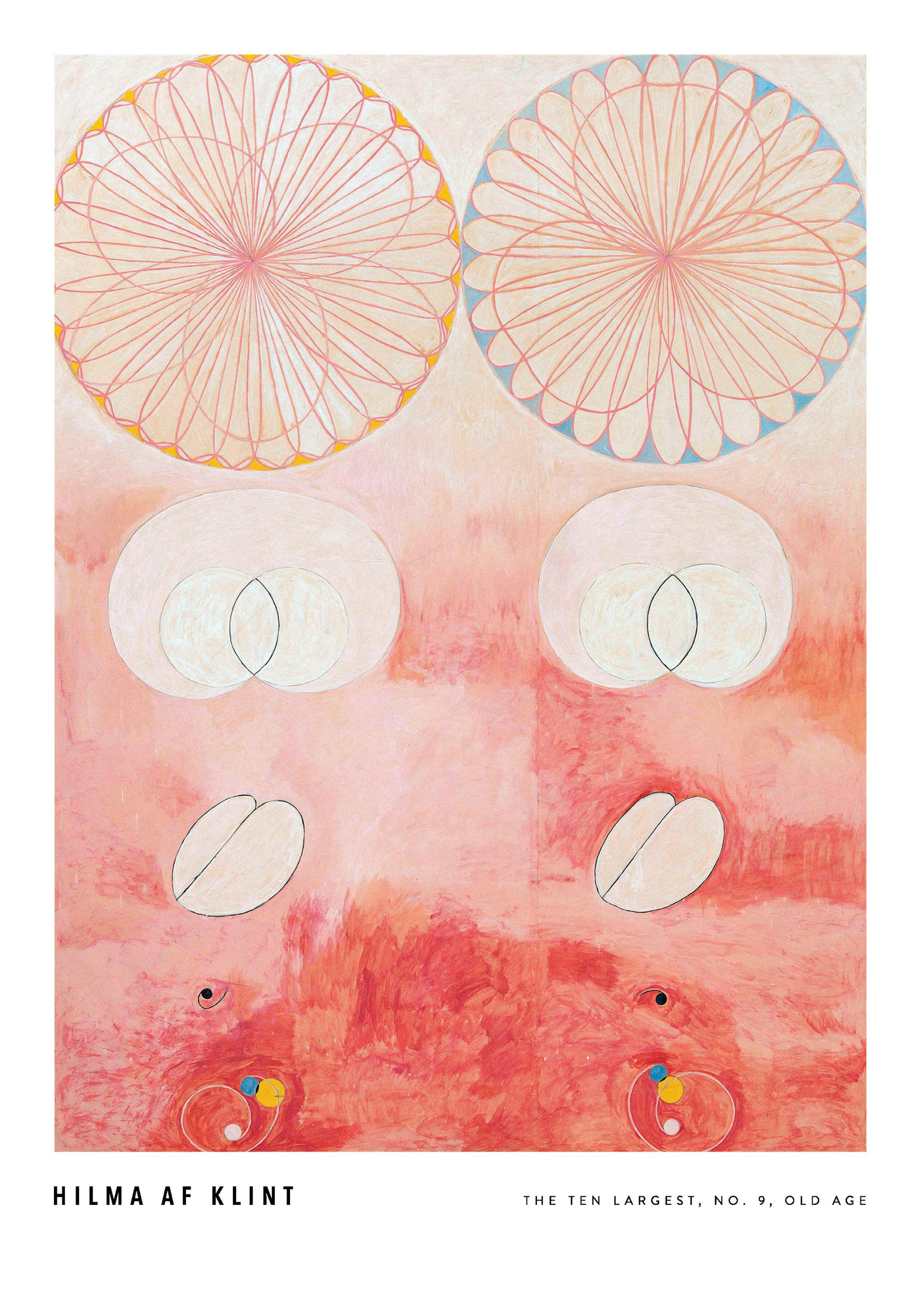 Hilma af Klints The Ten Largest, No. 9, Old Age poster with soft shapes on a pink-red background.