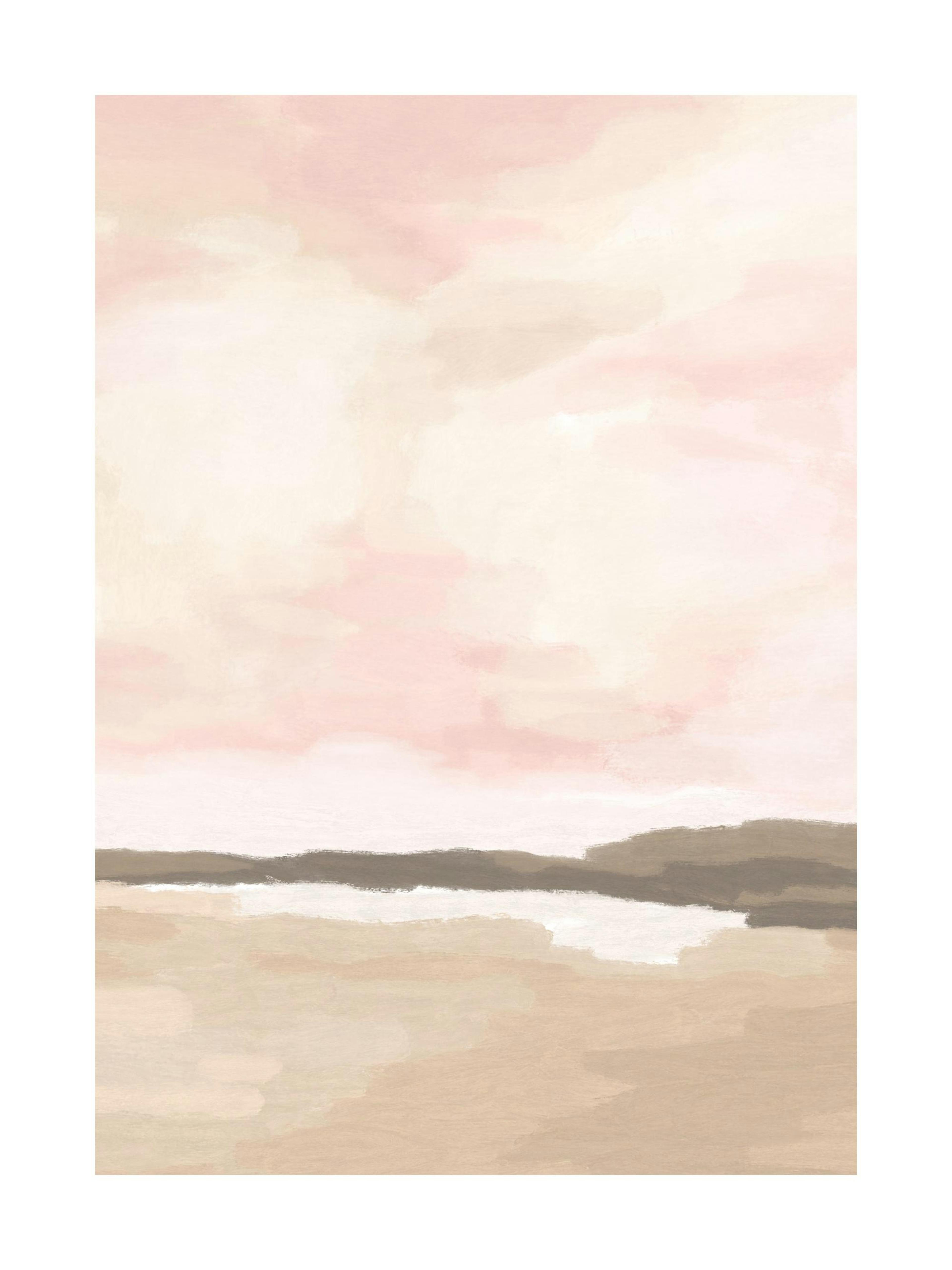 Muted landscape print with a pink cloudy sky over a field, a serene poster design.
