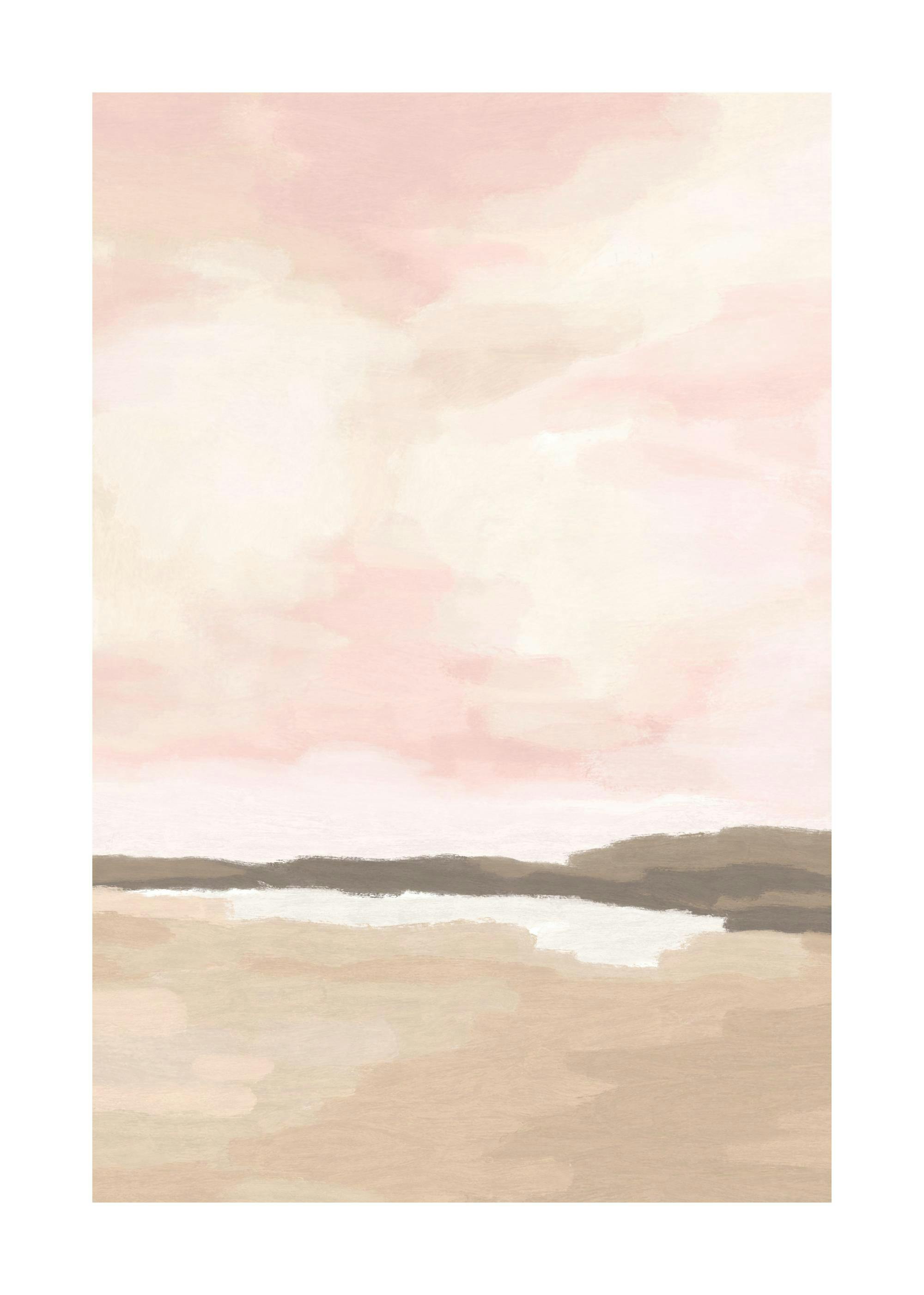 ピンクの曇り空と畑の抽象画ポスター