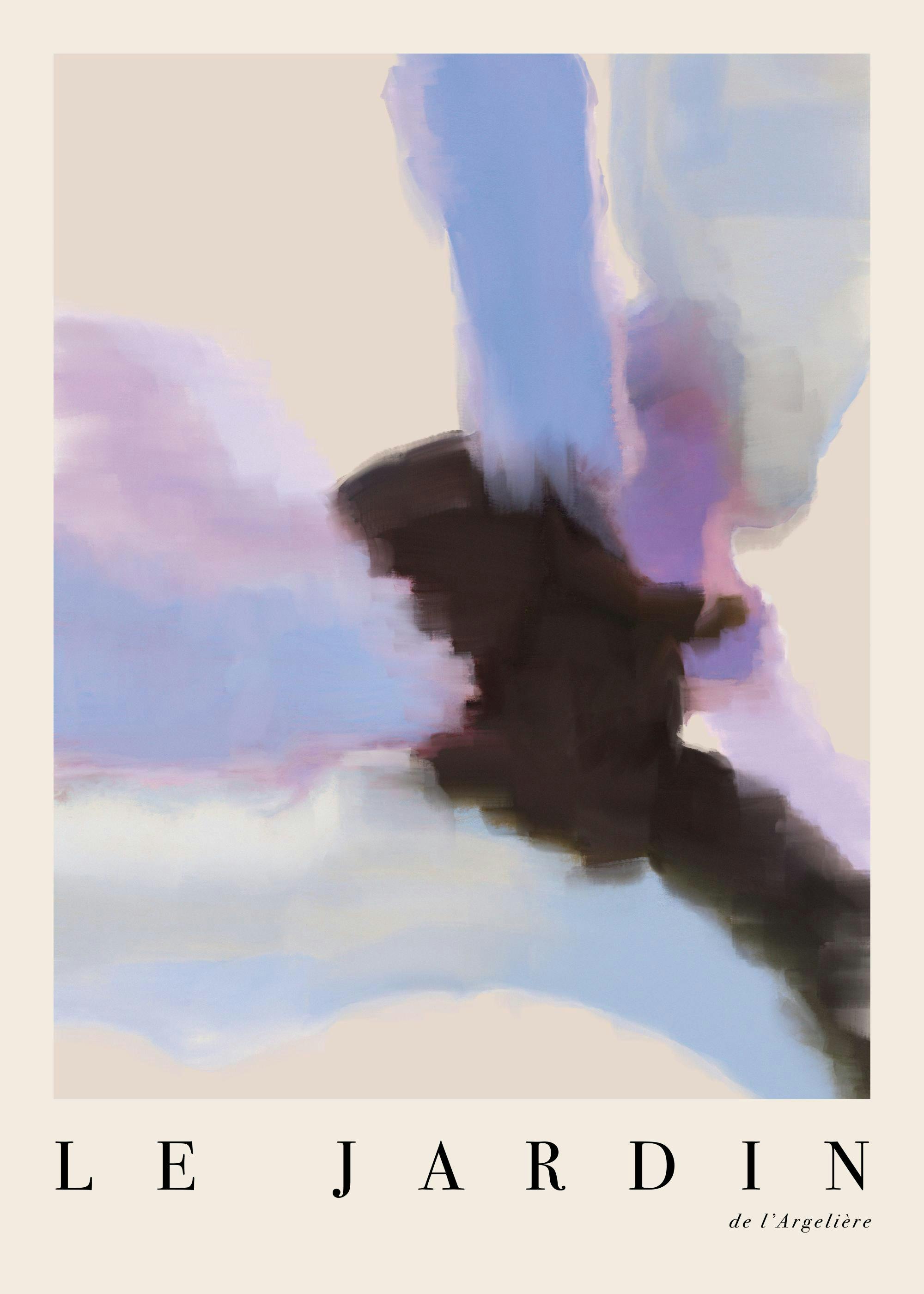 Póster abstracto con formas fluidas en tonos azul, morado y negro, sobre fondo beige claro.