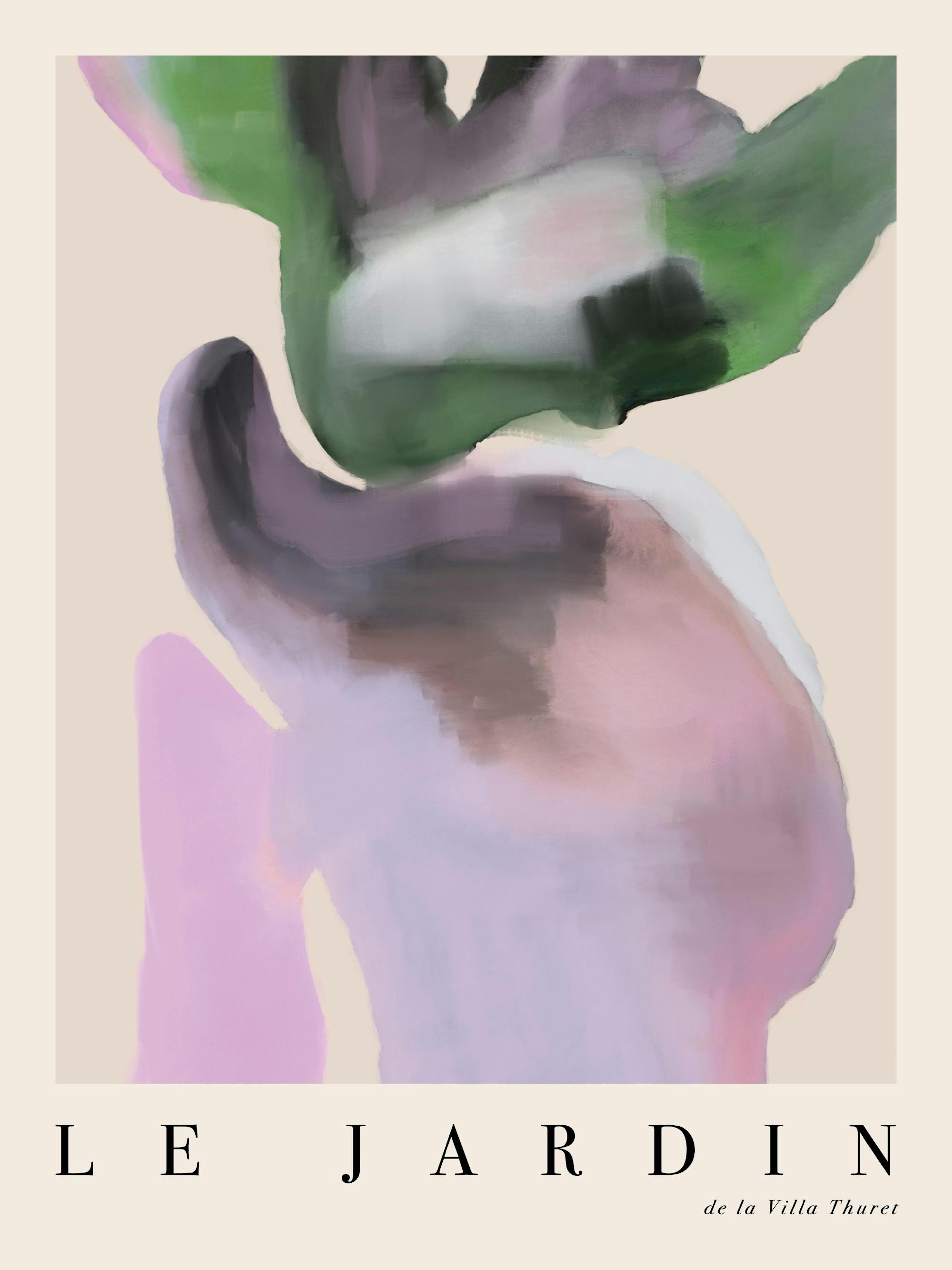 Abstract shapes in green, black, and pink on a beige background, a modern art print poster.