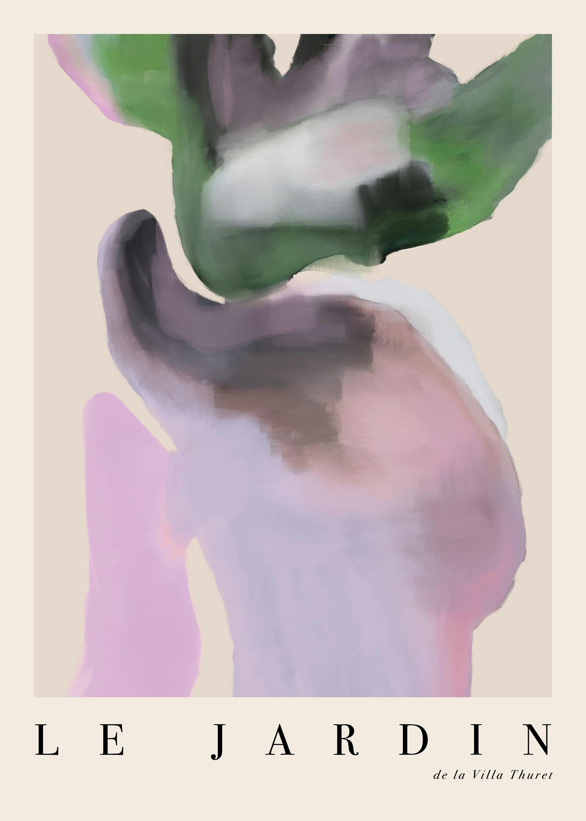 Abstract shapes in green, black, and pink on a beige background, a modern art print poster.