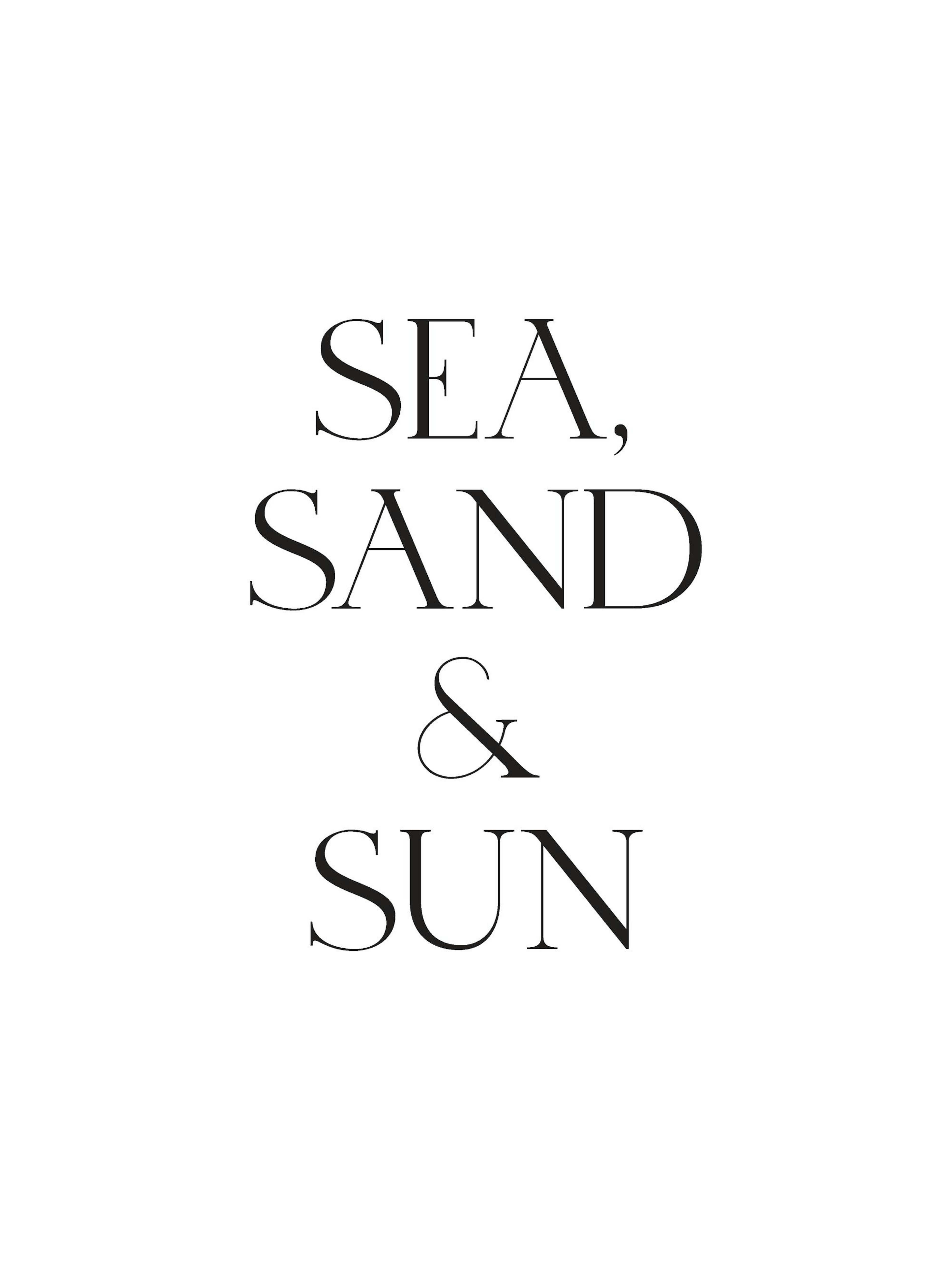 Black text Sea, Sand & Sun on a white background, a stylish beach poster design.