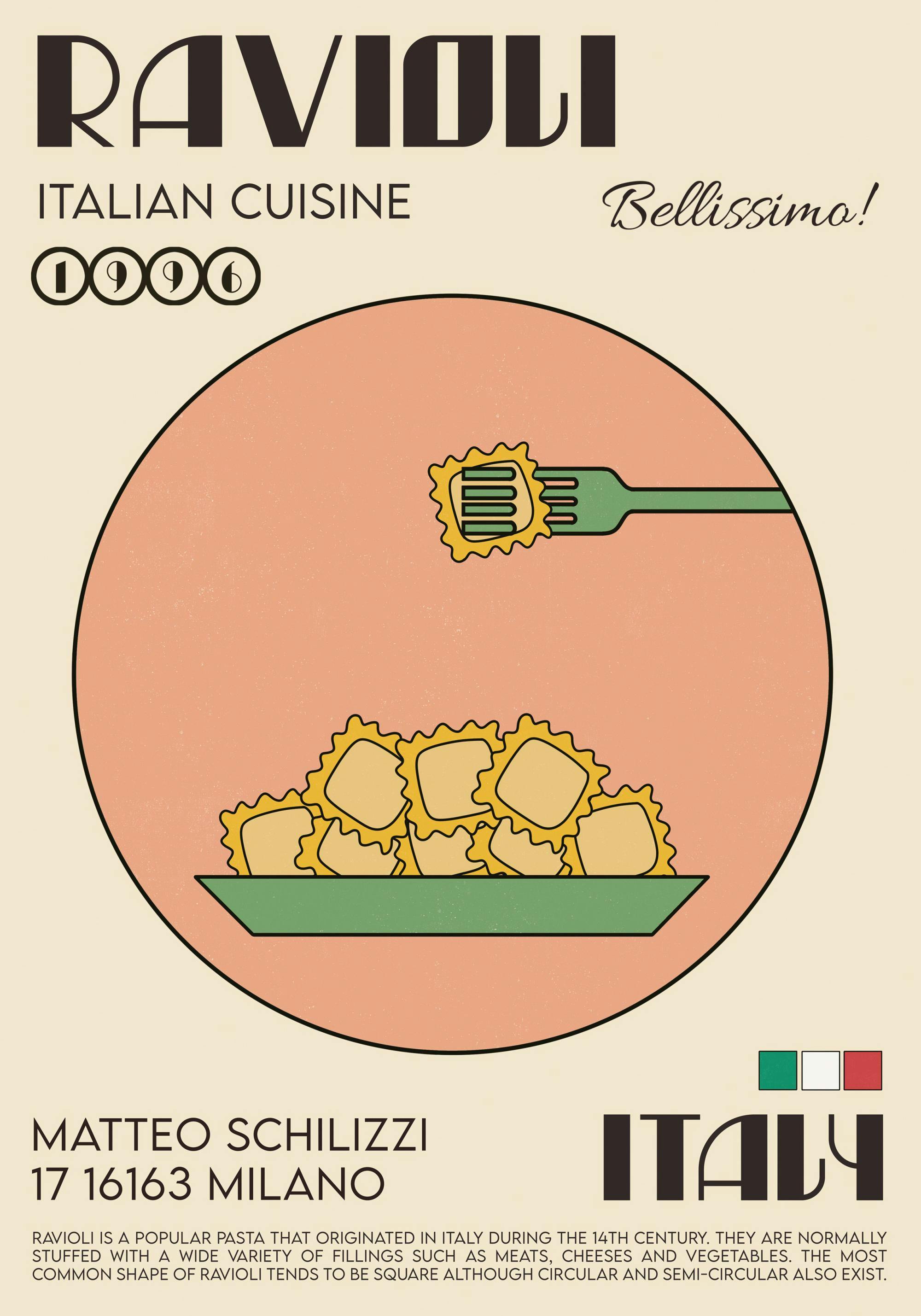 Retro köksaffisch med tallrik ravioli, gaffel och texten Bellissimo, italiensk matlagningsinspiration.
