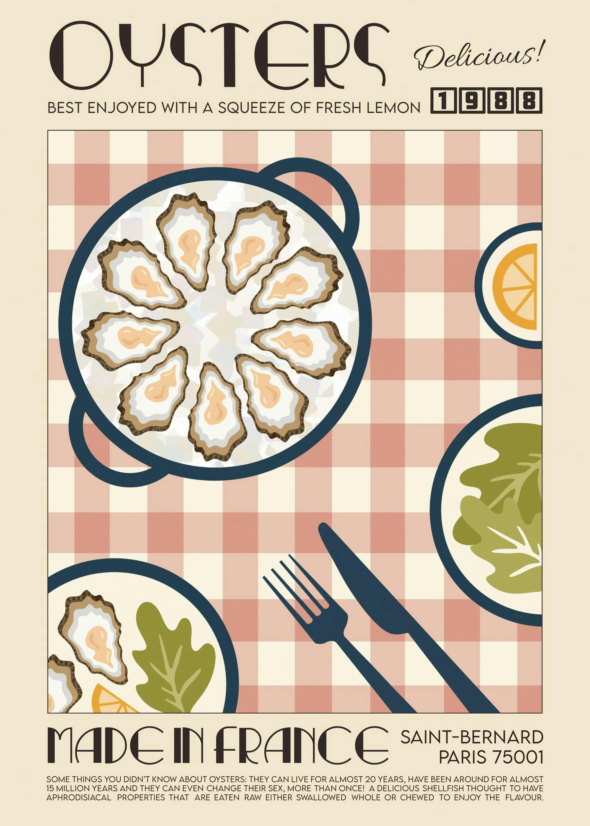 Affiche vintage dhuîtres sur un plat, avec typographie Oysters et informations sur fond beige à carreaux roses.