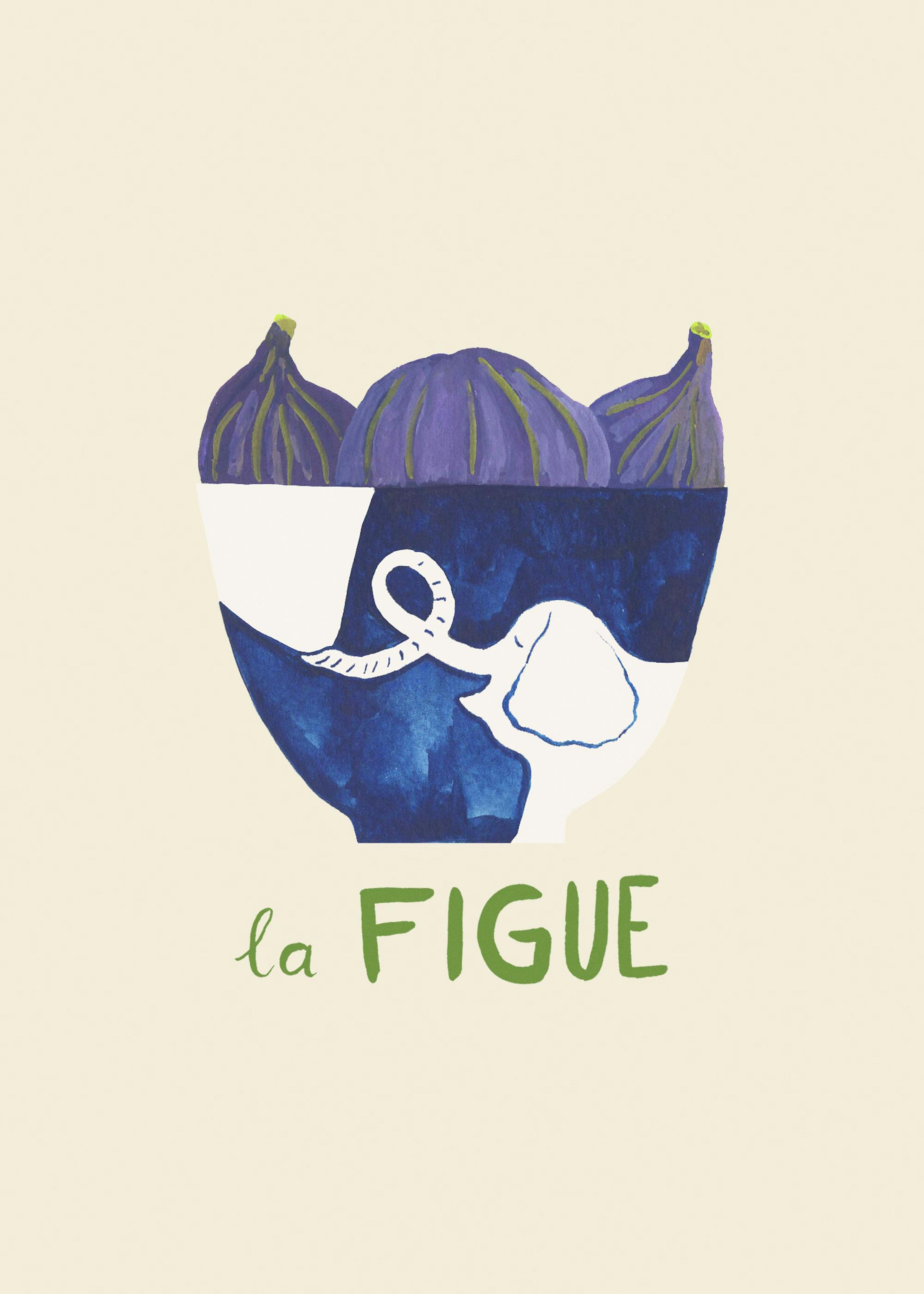 Póster de higos en un cuenco azul con estampado de elefante y texto La Figue en verde sobre fondo beige.
