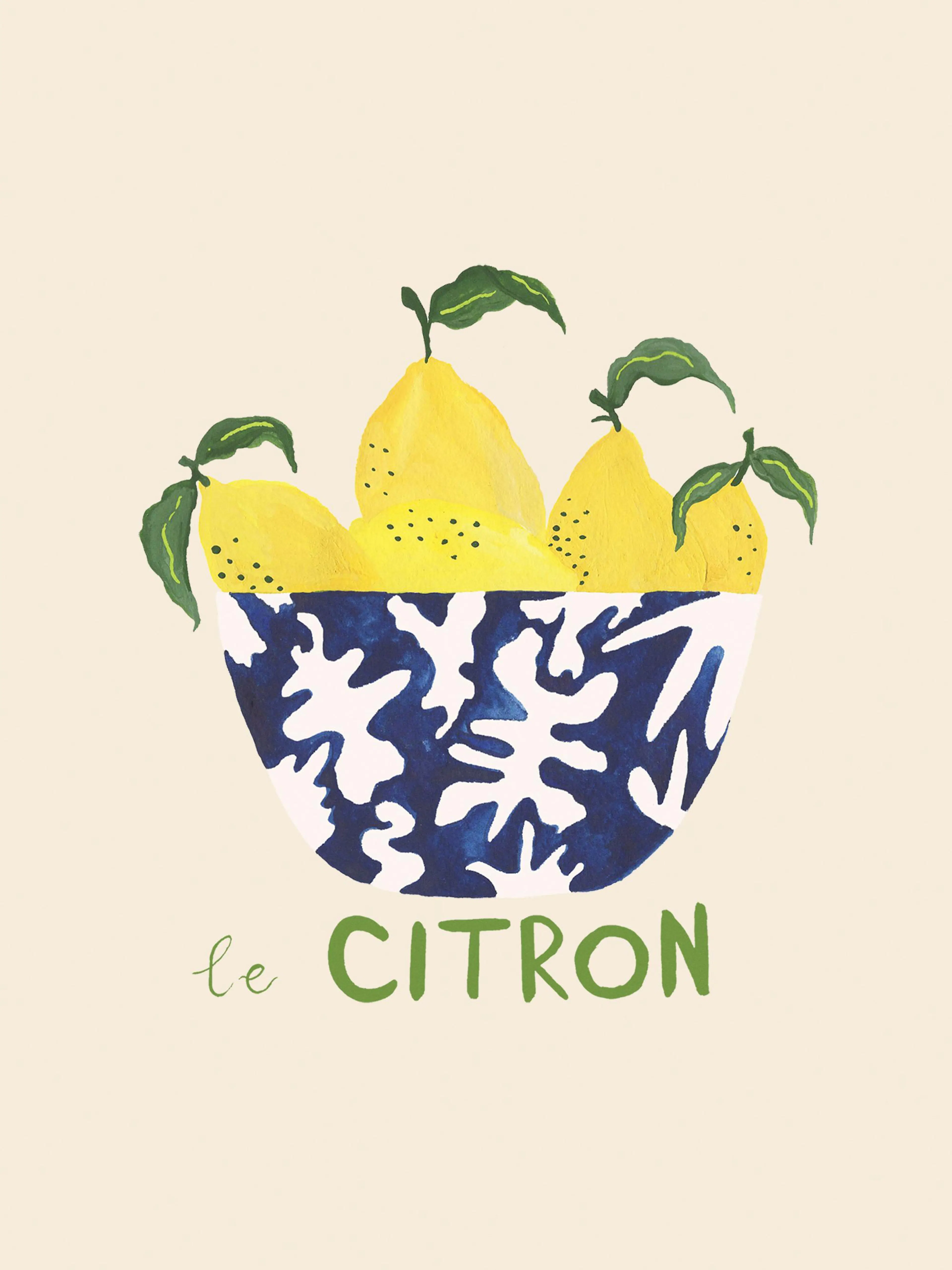 Póster de limones en un cuenco azul y blanco, con texto le citron en verde. Ilustración de cocina.