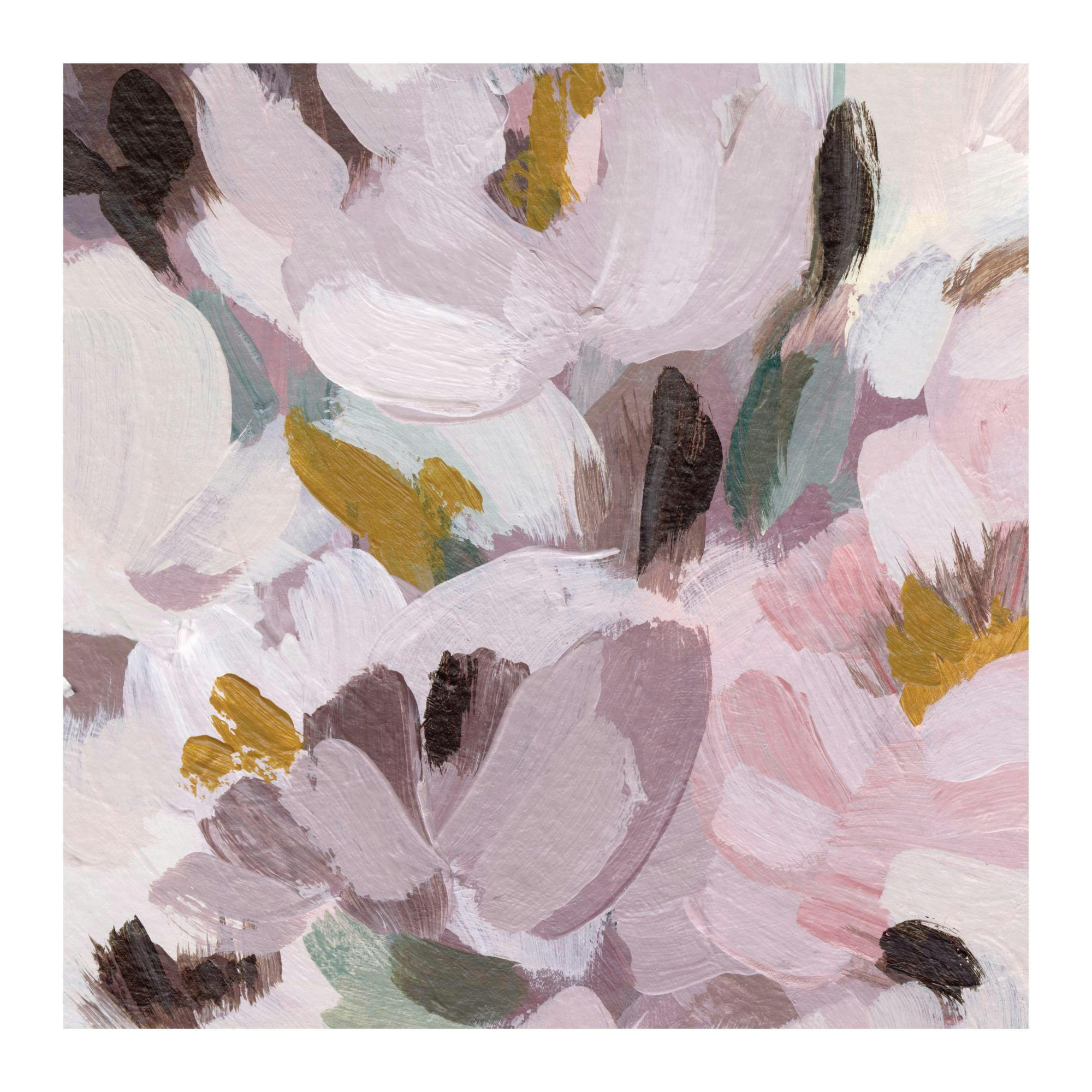 Måleri av lila blommor i akrylstil, med penseldrag i lila, rosa, vitt, grönt och guld. Blomstermotiv.