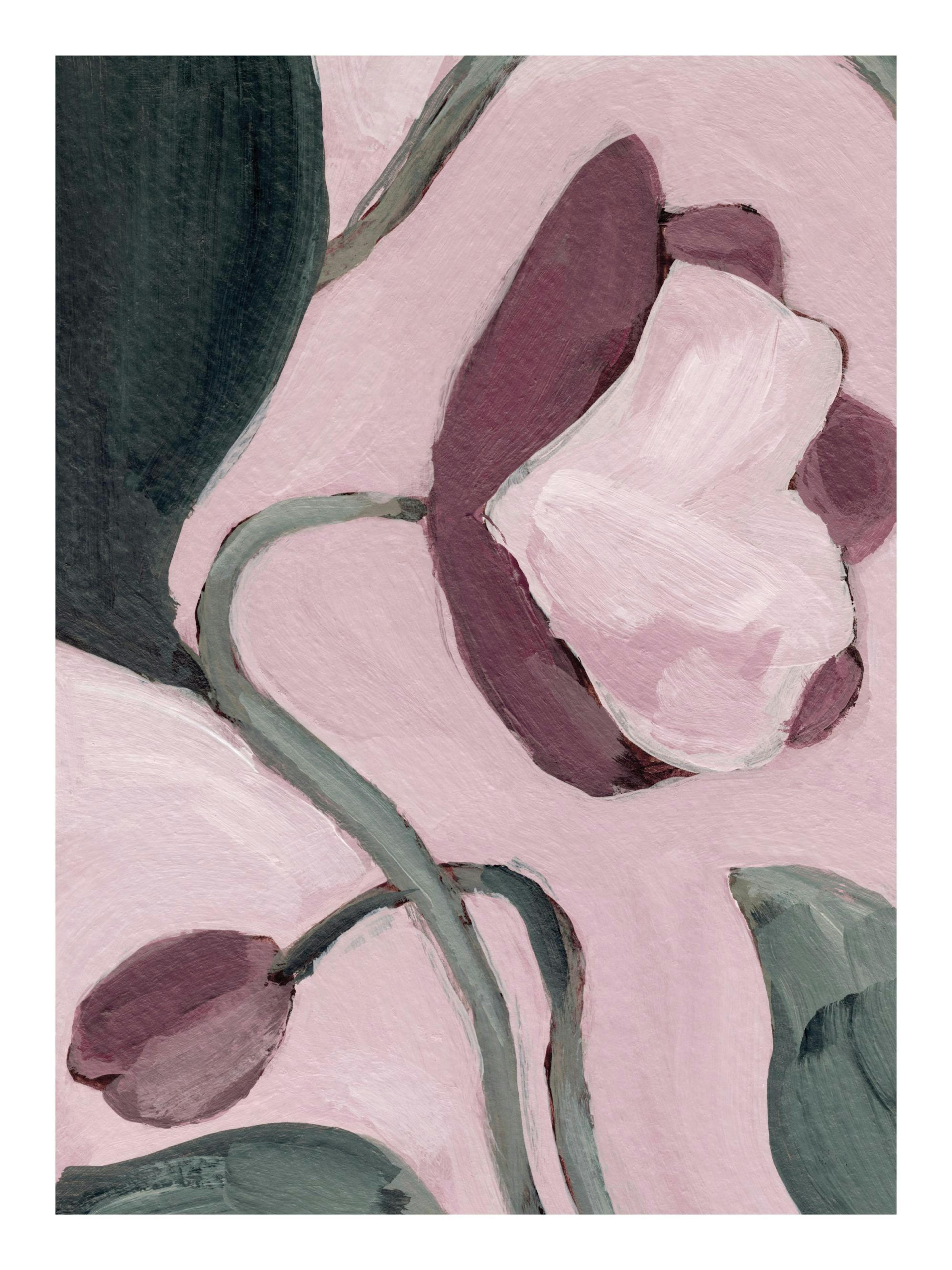 Purple floral painting print with large green branches on a light purple background poster