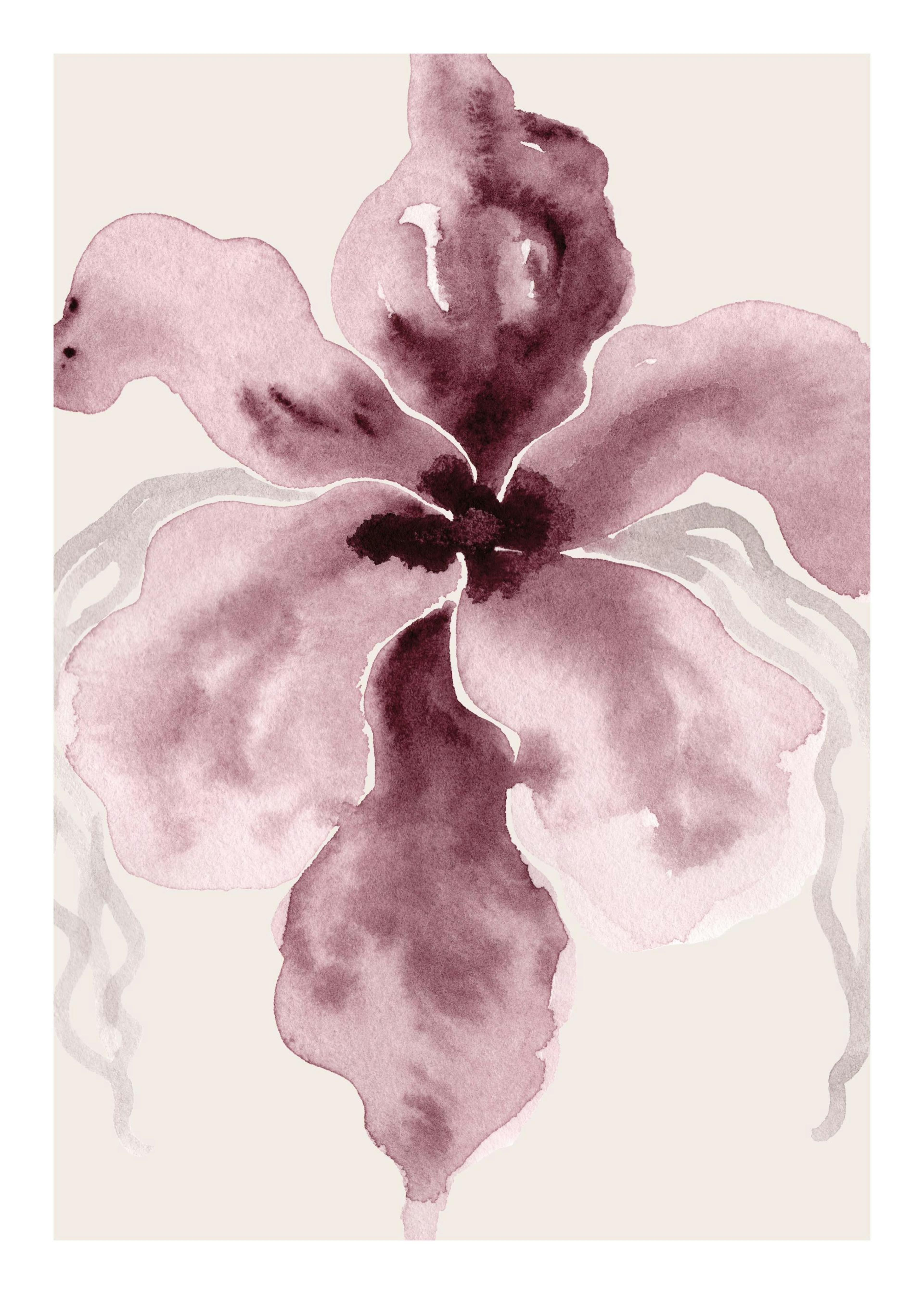 Watercolor floral print, dark pink flower on a light beige background, elegant flower poster