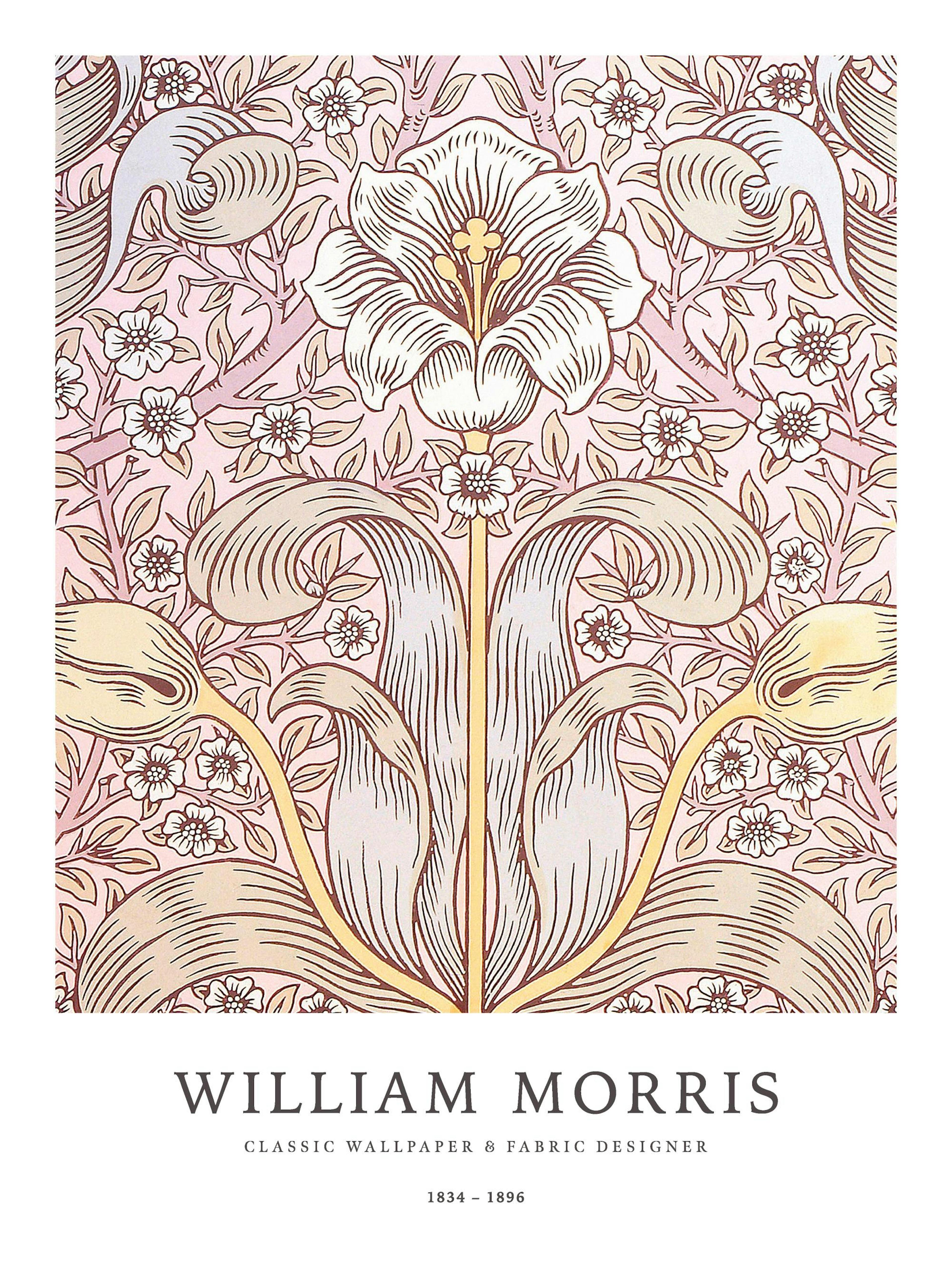 William Morris floral pattern print with pink background and white flowers, ideal for a poster.
