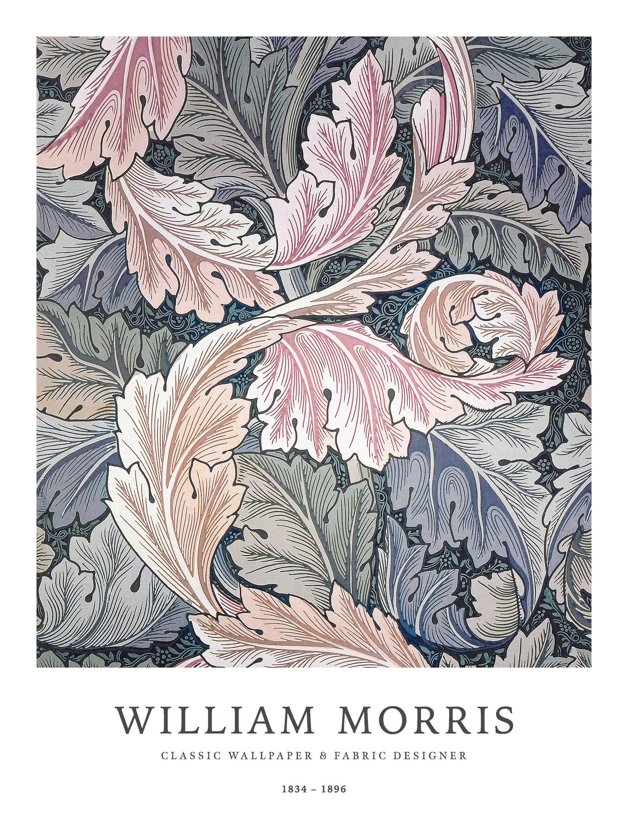 William Morris botanisk mönsterposter med rosa, gröna och blåa blad på mörk bakgrund, klassisk konst.