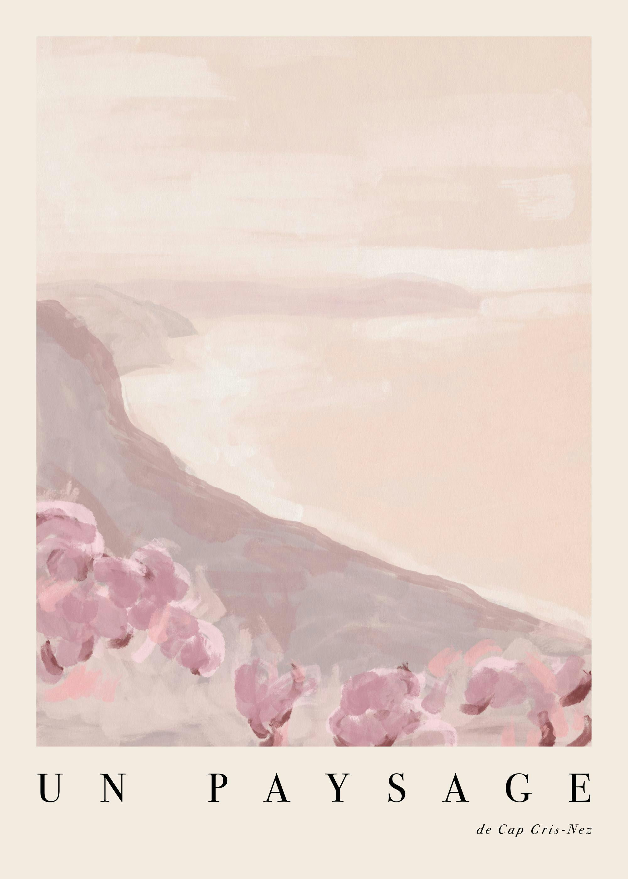 Pink coastal landscape art print with pastel tones, French countryside view.