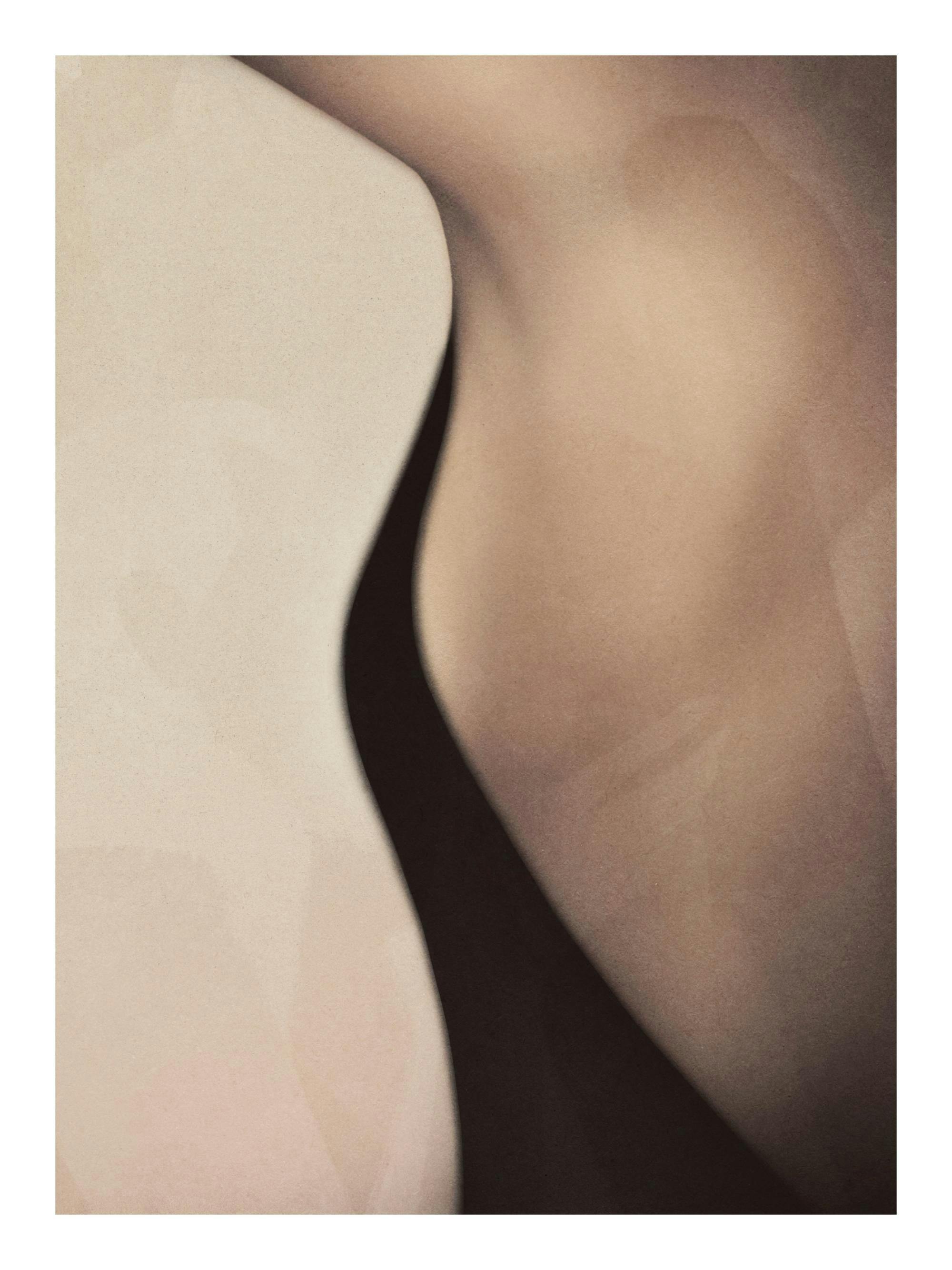 Female Fragment Print, a beige and black poster of a womans body in profile, with a grainy texture.