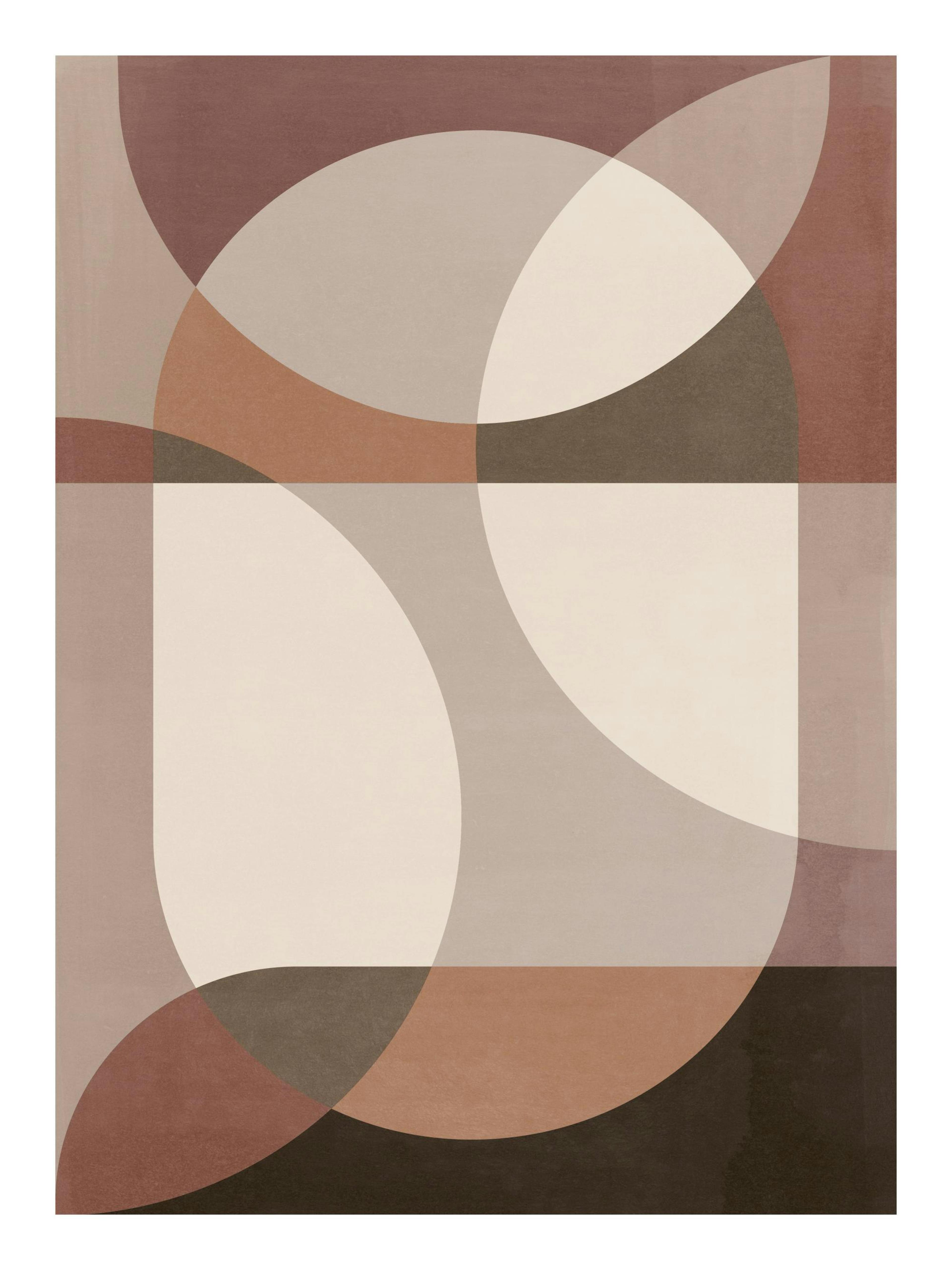 Geometric Forms poster with interlocking brown, beige, and cream semi-circles and lines for a modern design.