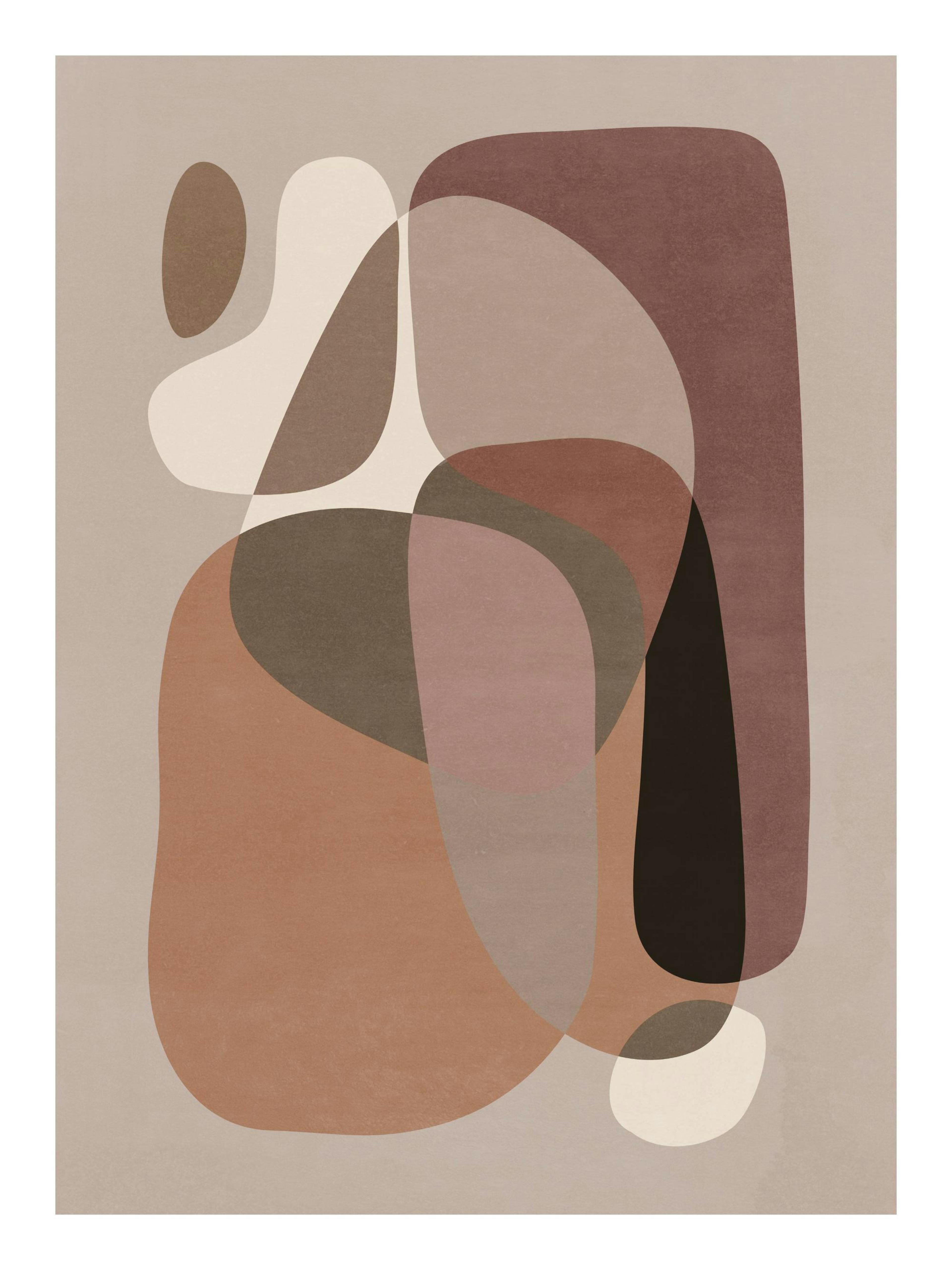 Póster de formas orgánicas en tonos tierra y rosa pálido sobre fondo beige, estilo moderno.