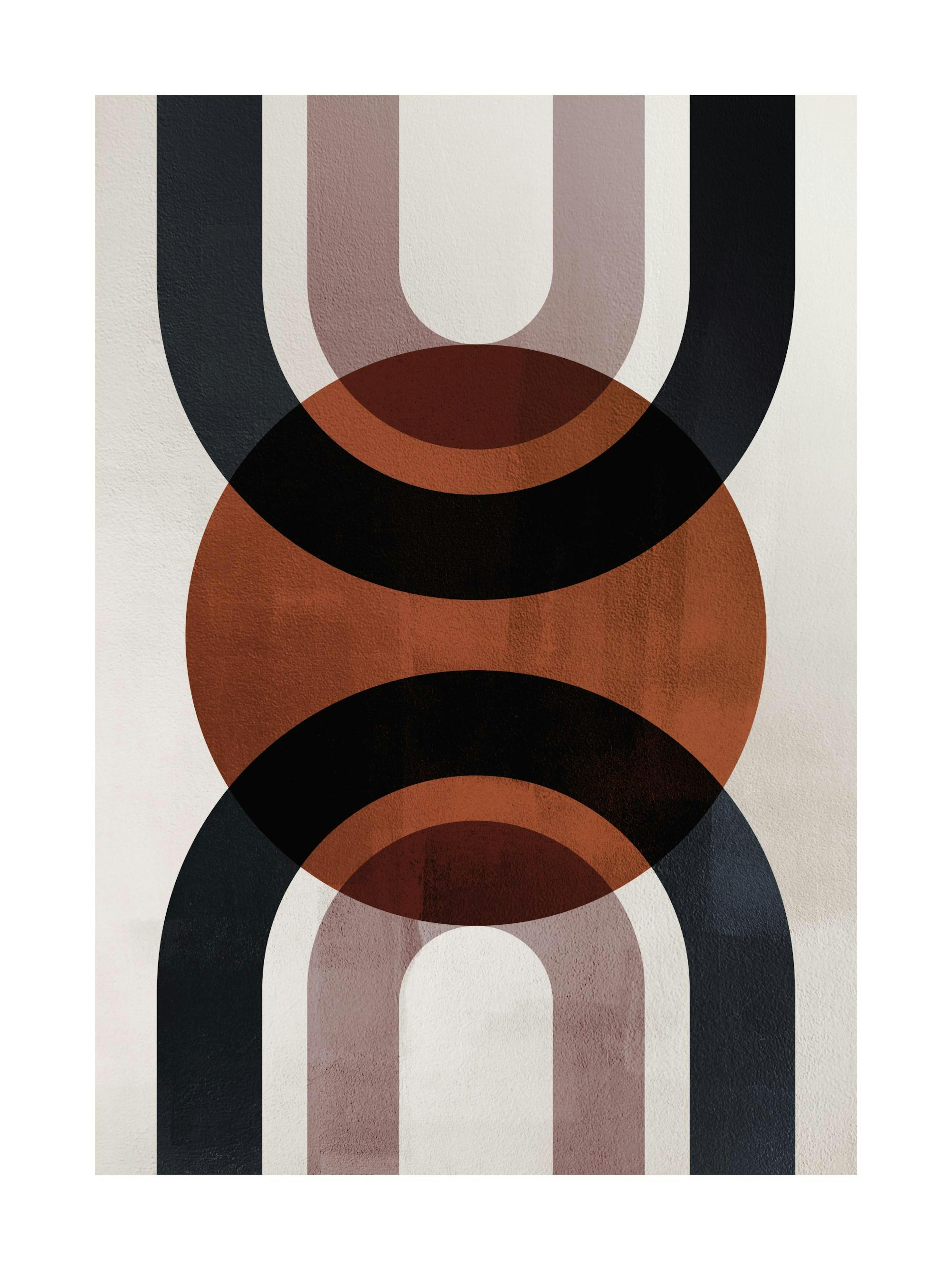Abstract print with dark arches and a rust-colored circle on a beige background, modern poster art