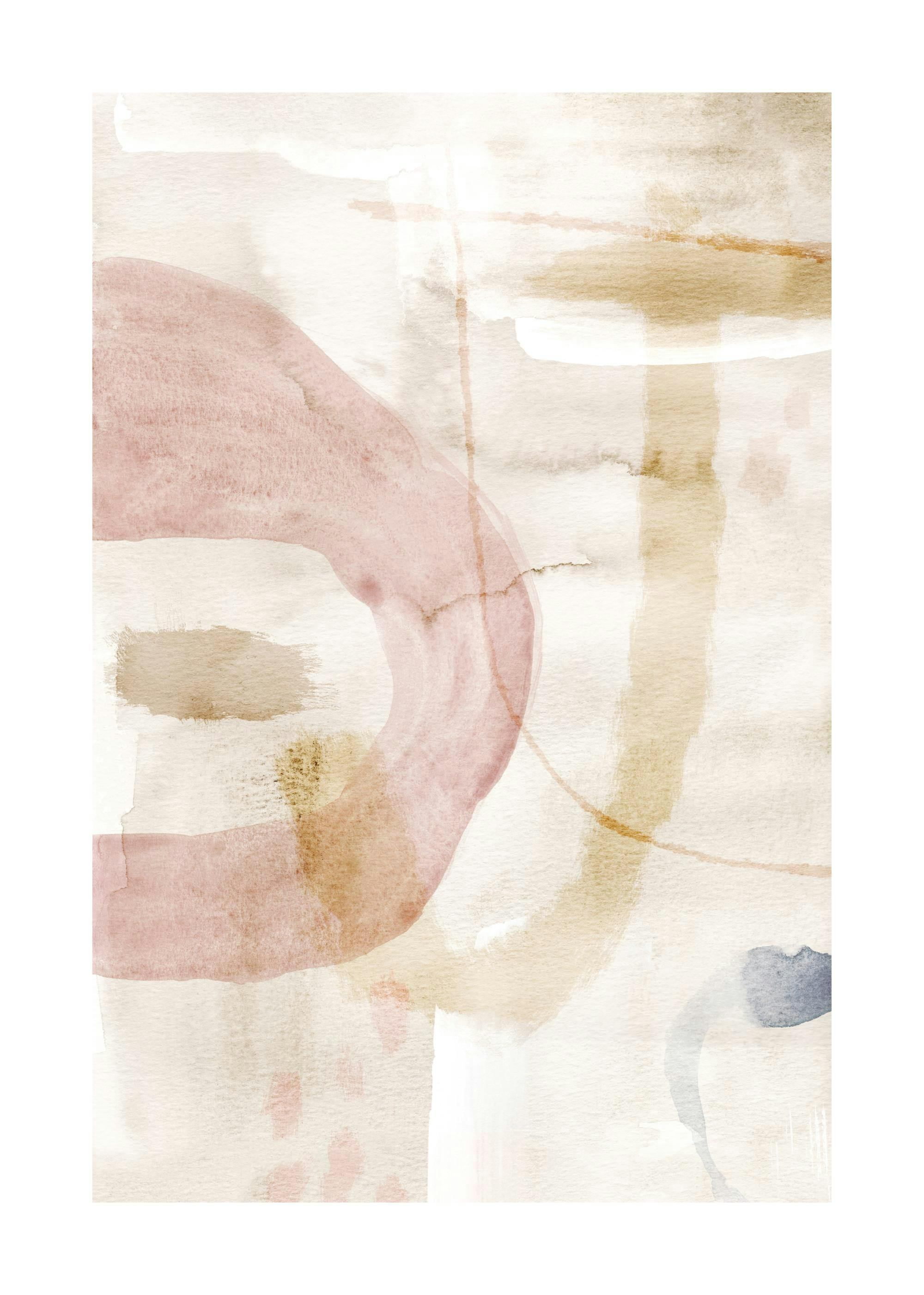 Soft watercolor abstract print with organic shapes in blush pink, beige, and light blue on a cream background.