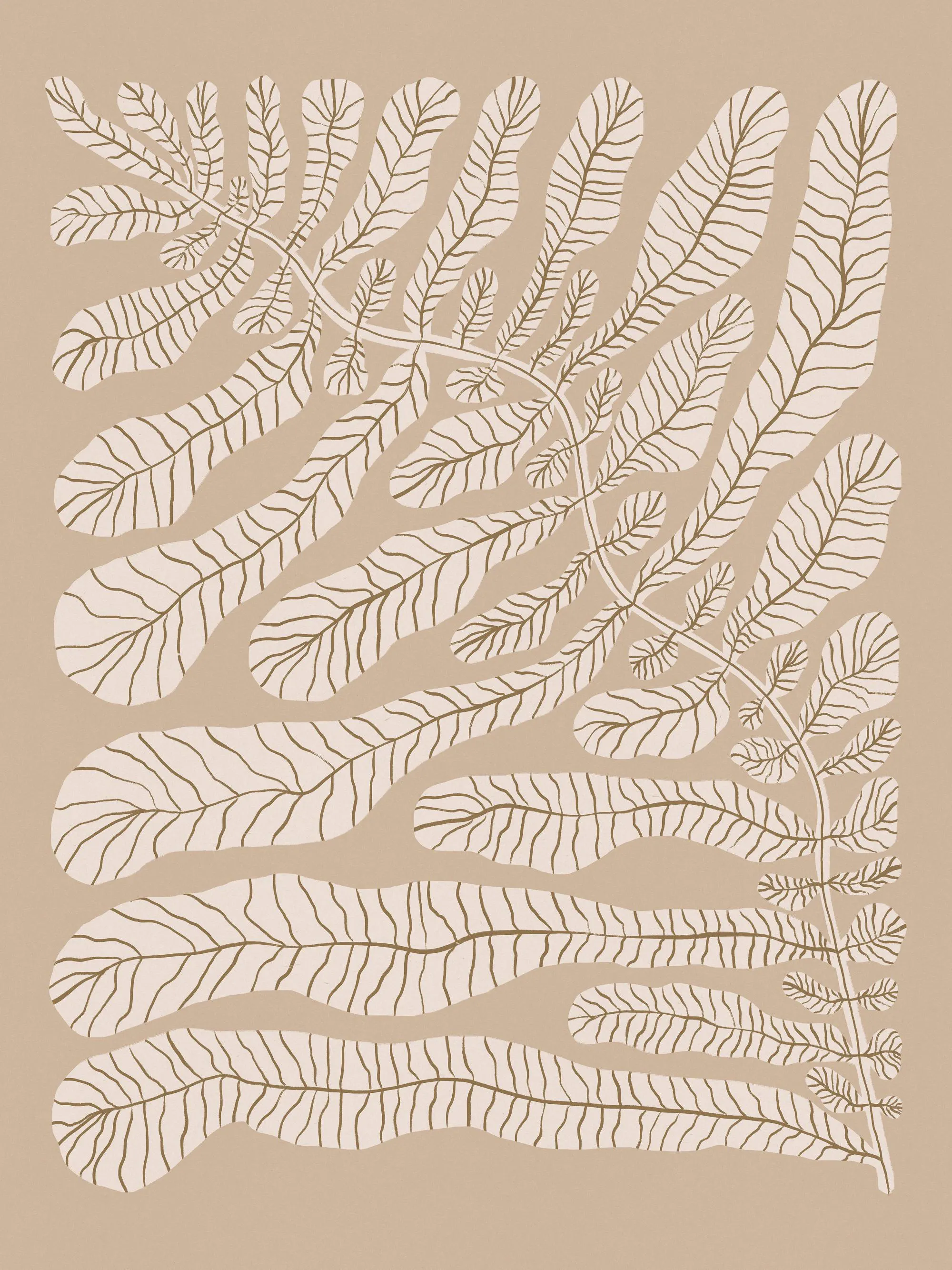 Póster de ilustración botánica con hojas beige y marrones sobre un fondo marrón claro, diseño clásico de follaje.