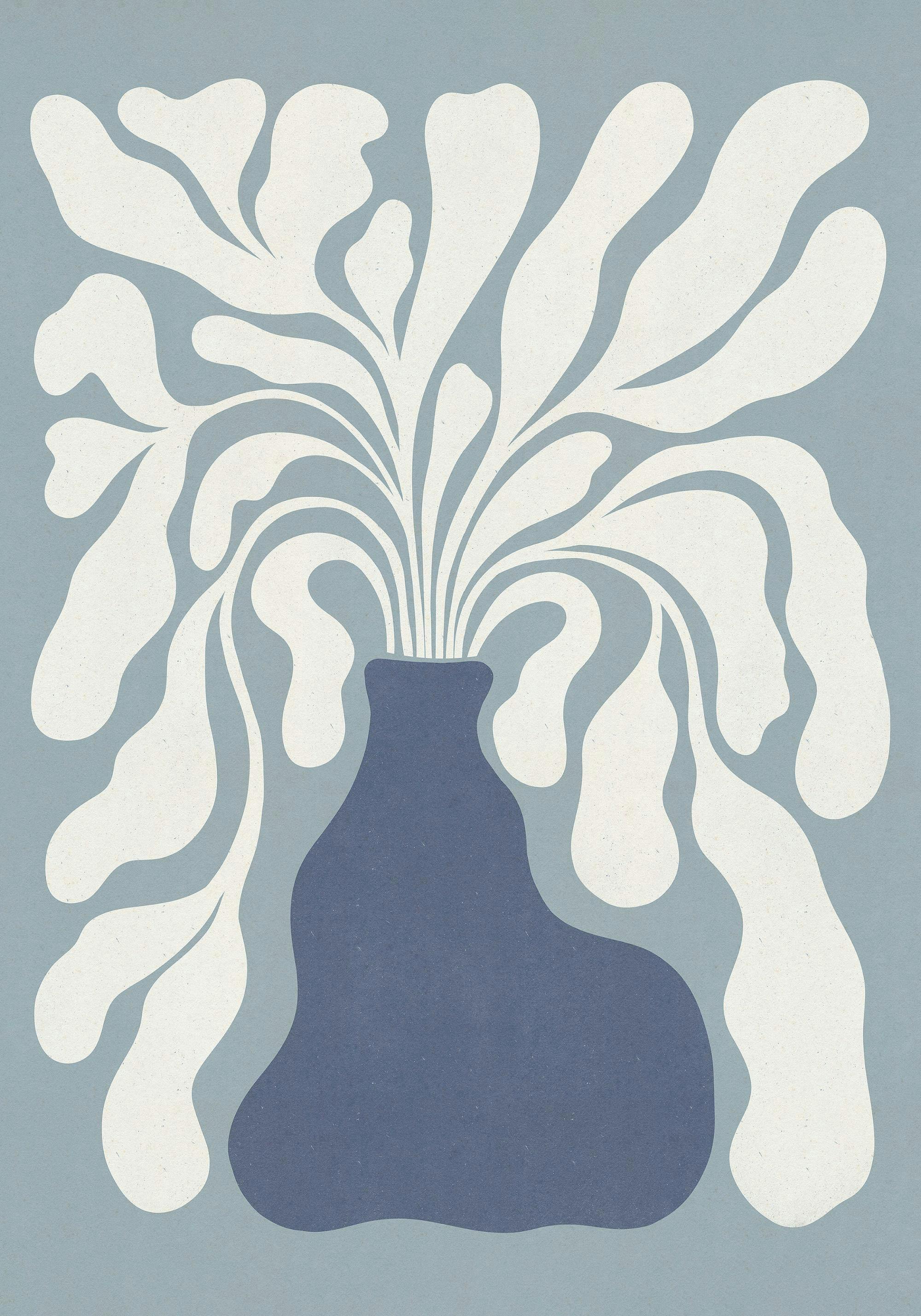 Konstverk med en vågig blå vas med stiliserade ljusa växter på en blå bakgrund. Alisa Galitsyna.
